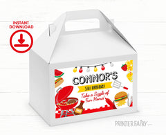 BBQ Birthday Party Gable Box Label  Editable Template, Personalized Favor Box, Instant Download