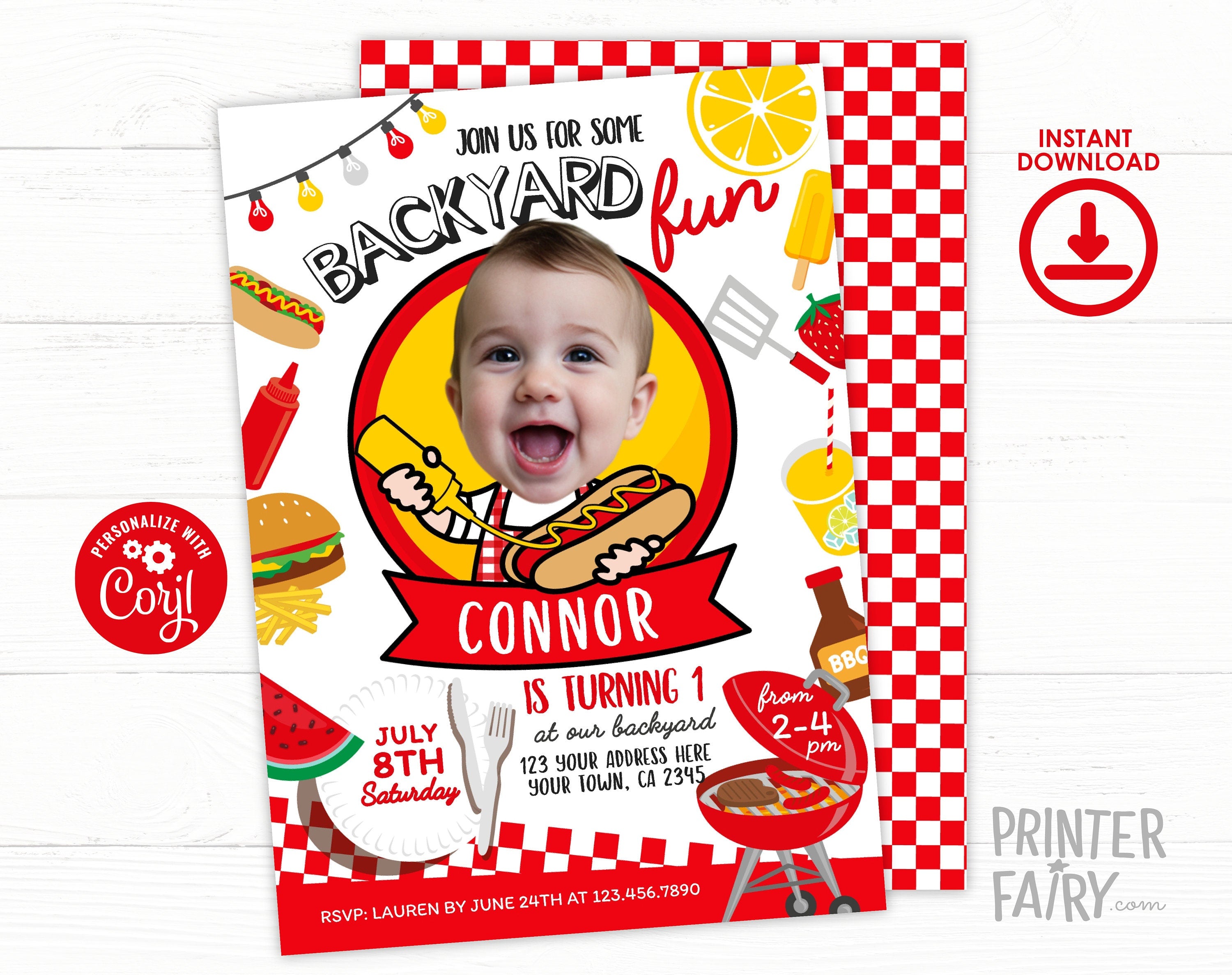 BBQ Birthday Party Invitation with Photo Editable Template, Digital Printable Design, Instant Download