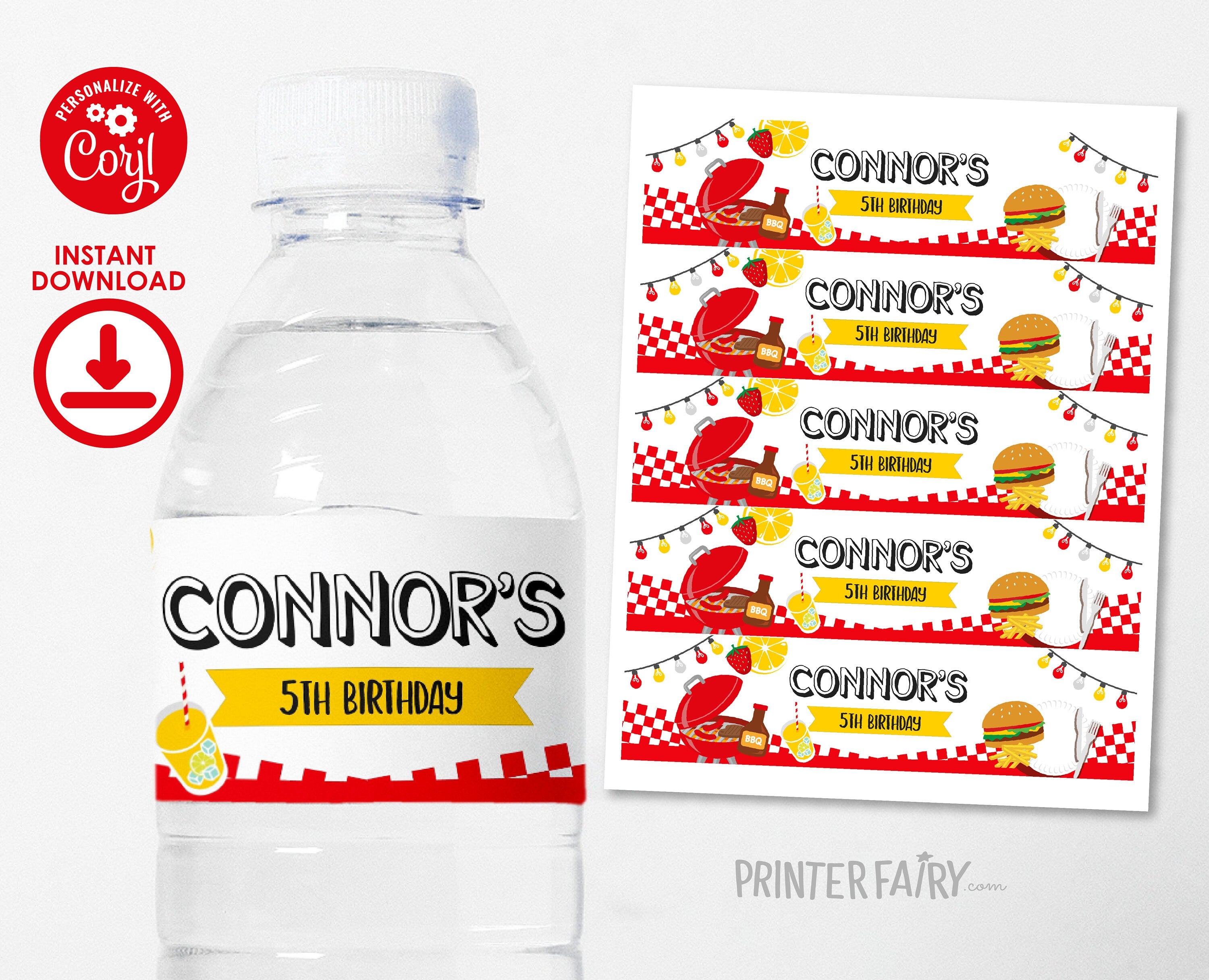 BBQ Party Water Bottle Label Editable Template, Party Decorations, Instant Download