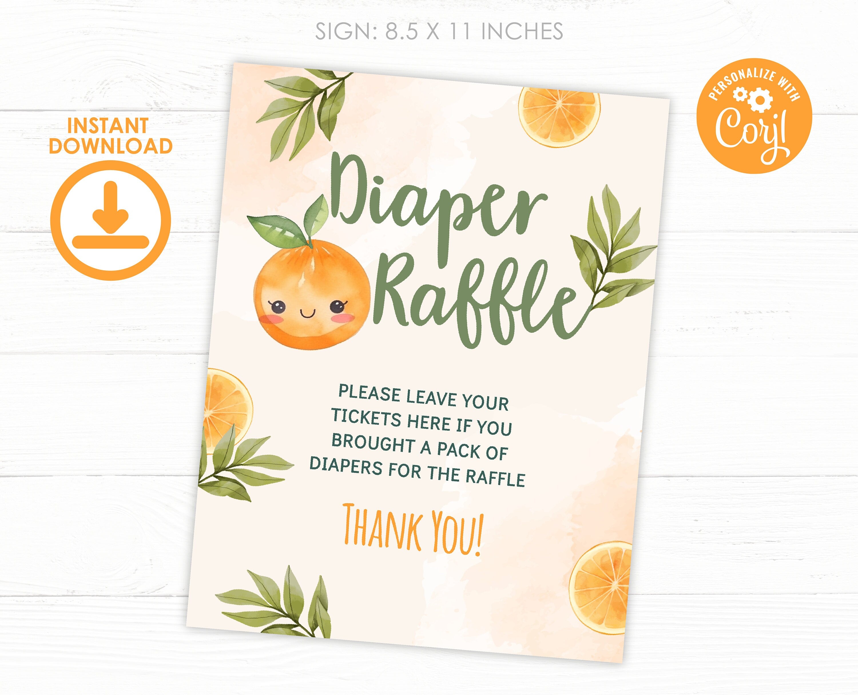 Orange Baby Shower Diaper Raffle Sign and Cards (Digital Download)