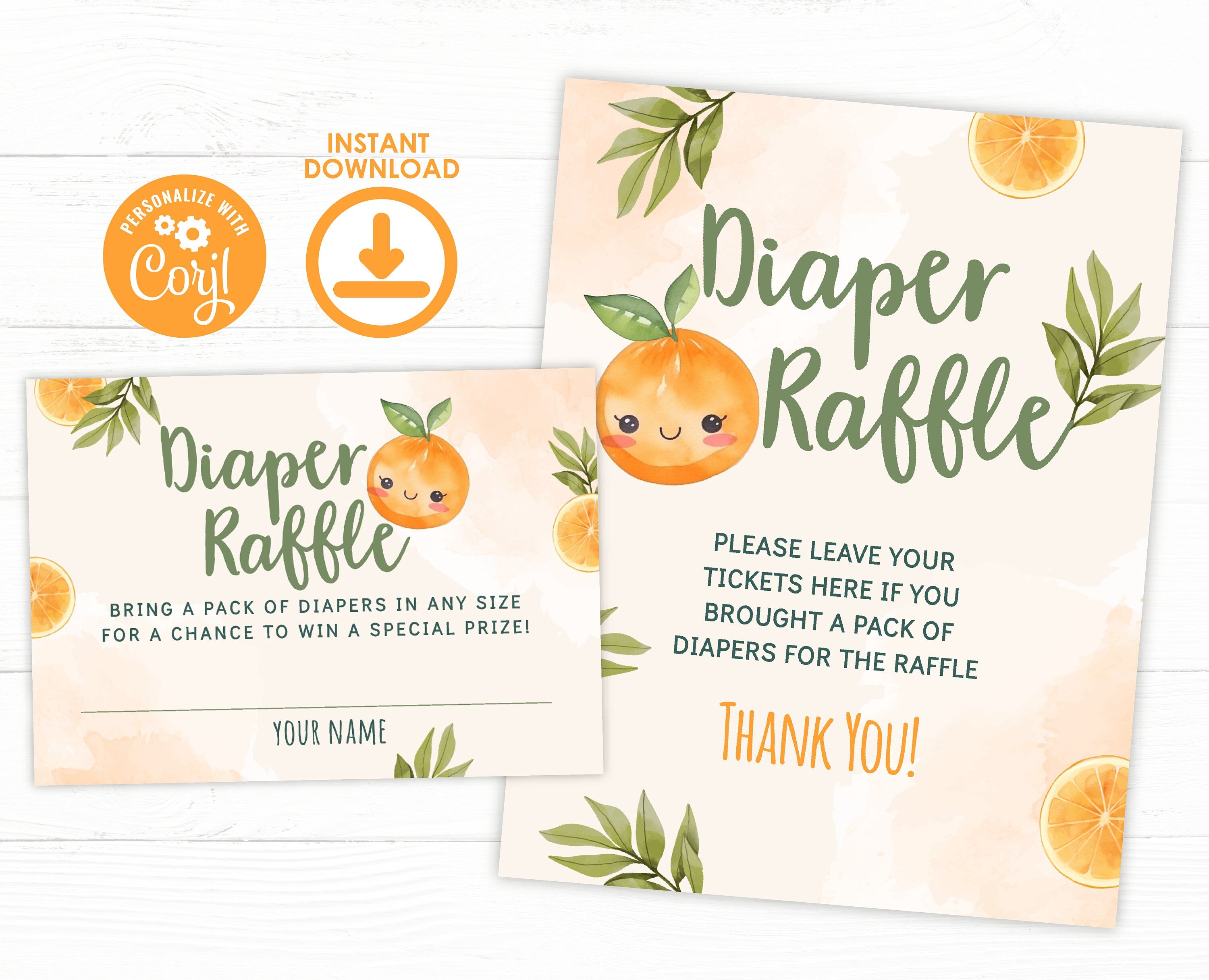 Orange Baby Shower Diaper Raffle Sign and Cards (Digital Download)