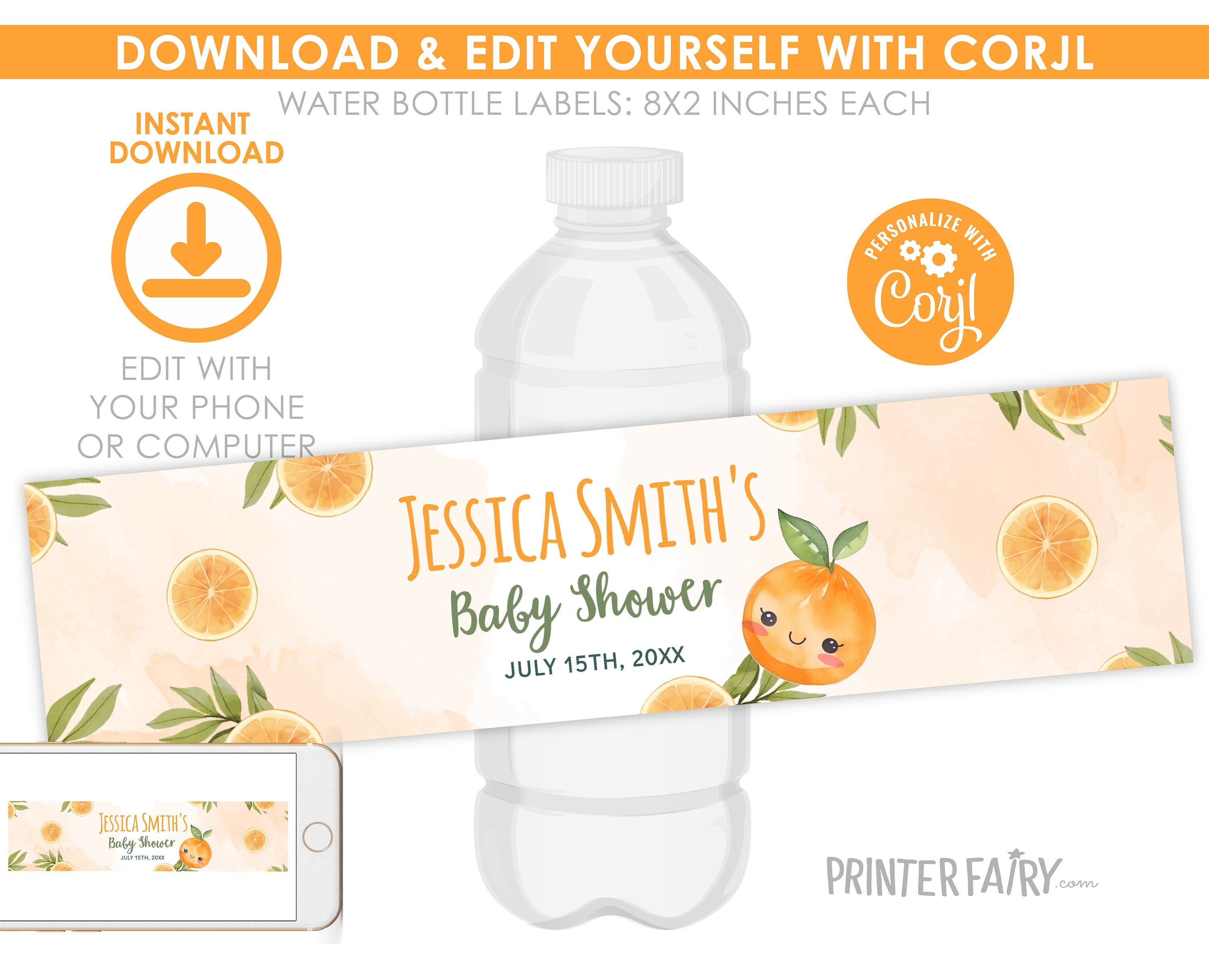Orange Baby Shower Water Bottle Label, Editable Template (Digital Item)