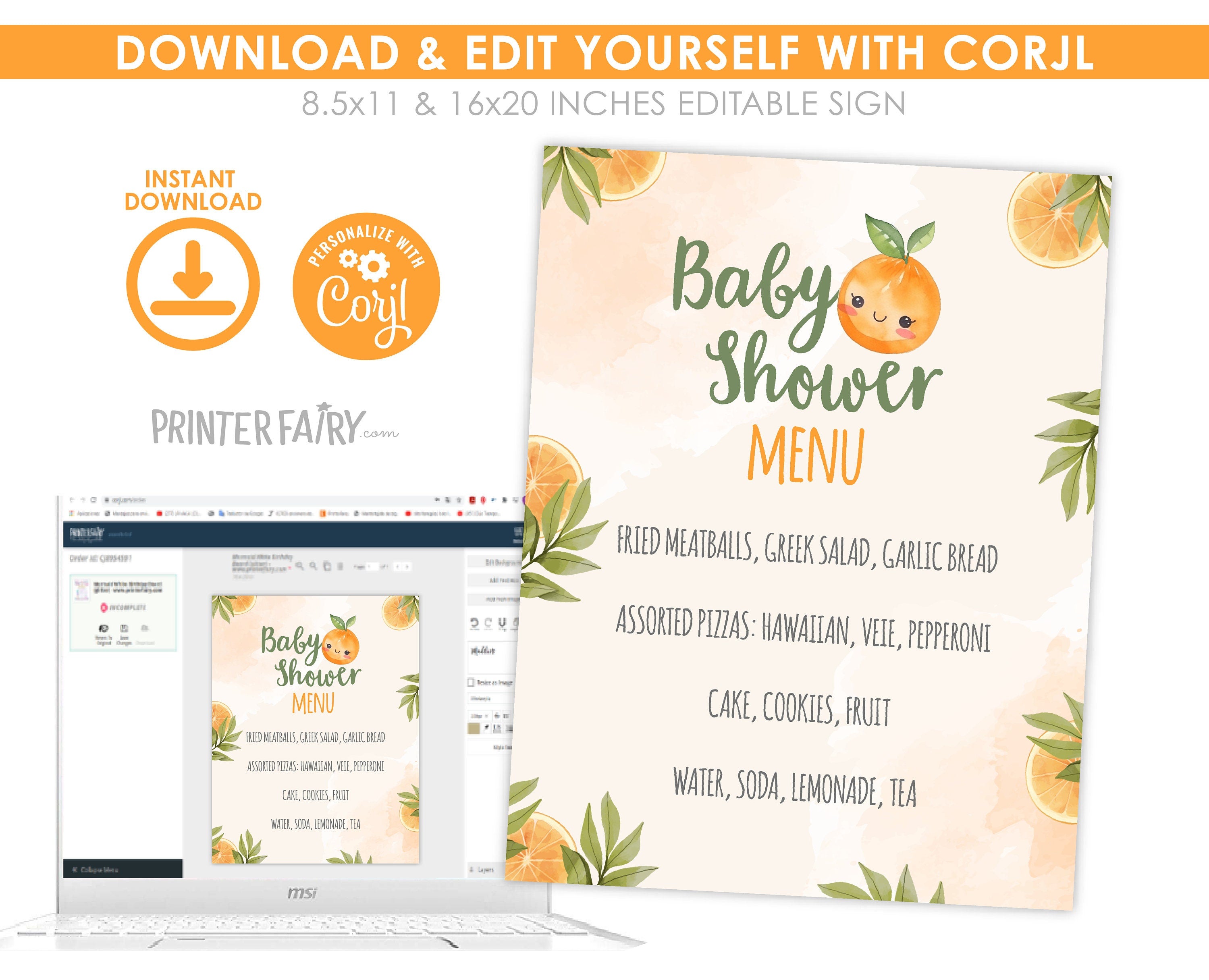Orange Baby Shower Menu Template, Editable Dinner Menu (Digital Download)