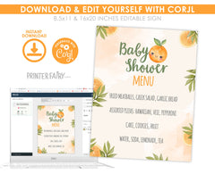 Orange Baby Shower Menu Template, Editable Dinner Menu (Digital Download)