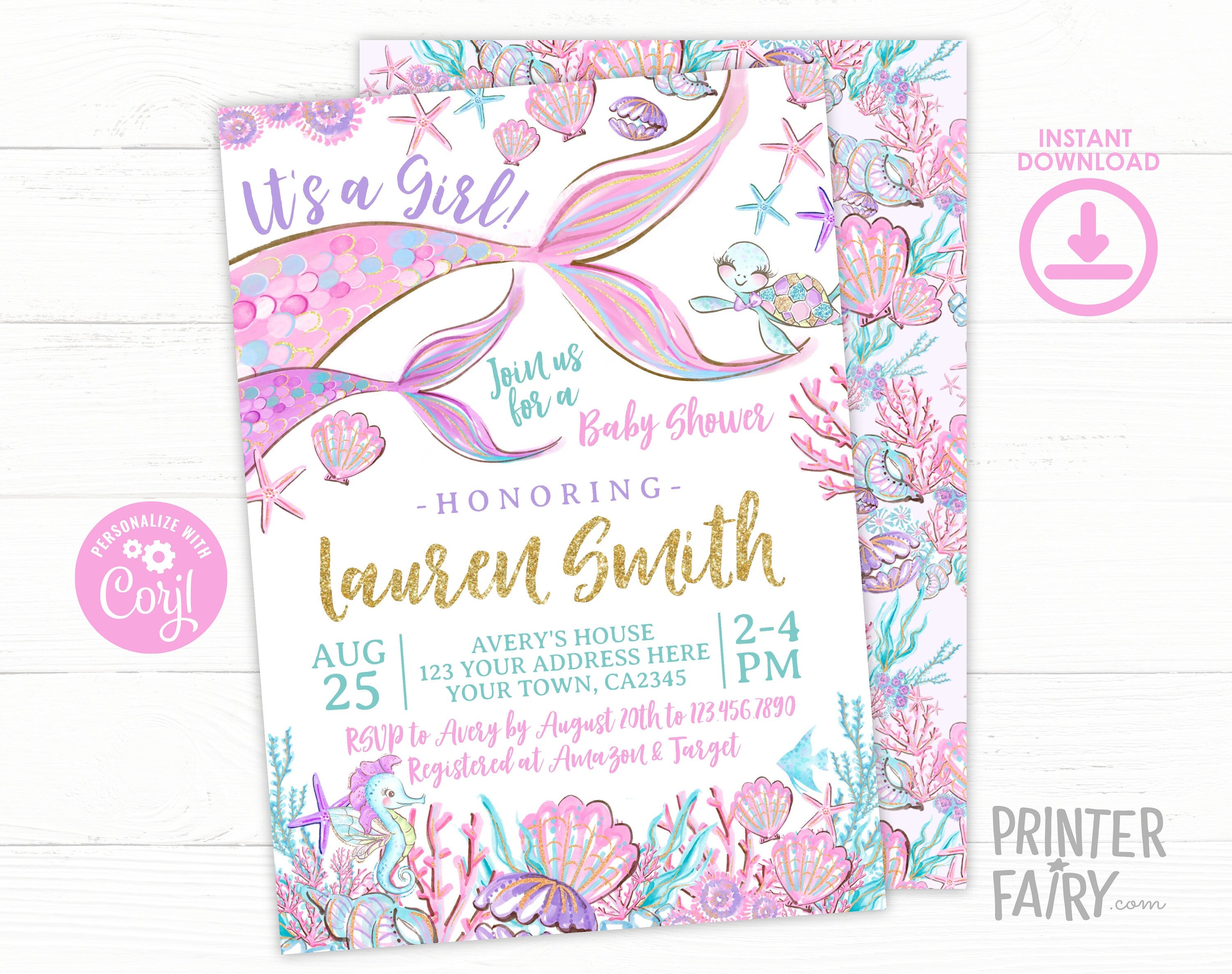 Mermaid Baby Shower Invitation Editable Template, INSTANT DOWNLOAD