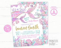 Mermaid Baby Shower Invitation Editable Template, INSTANT DOWNLOAD