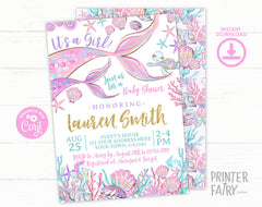 Mermaid Baby Shower Invitation Editable Template, INSTANT DOWNLOAD