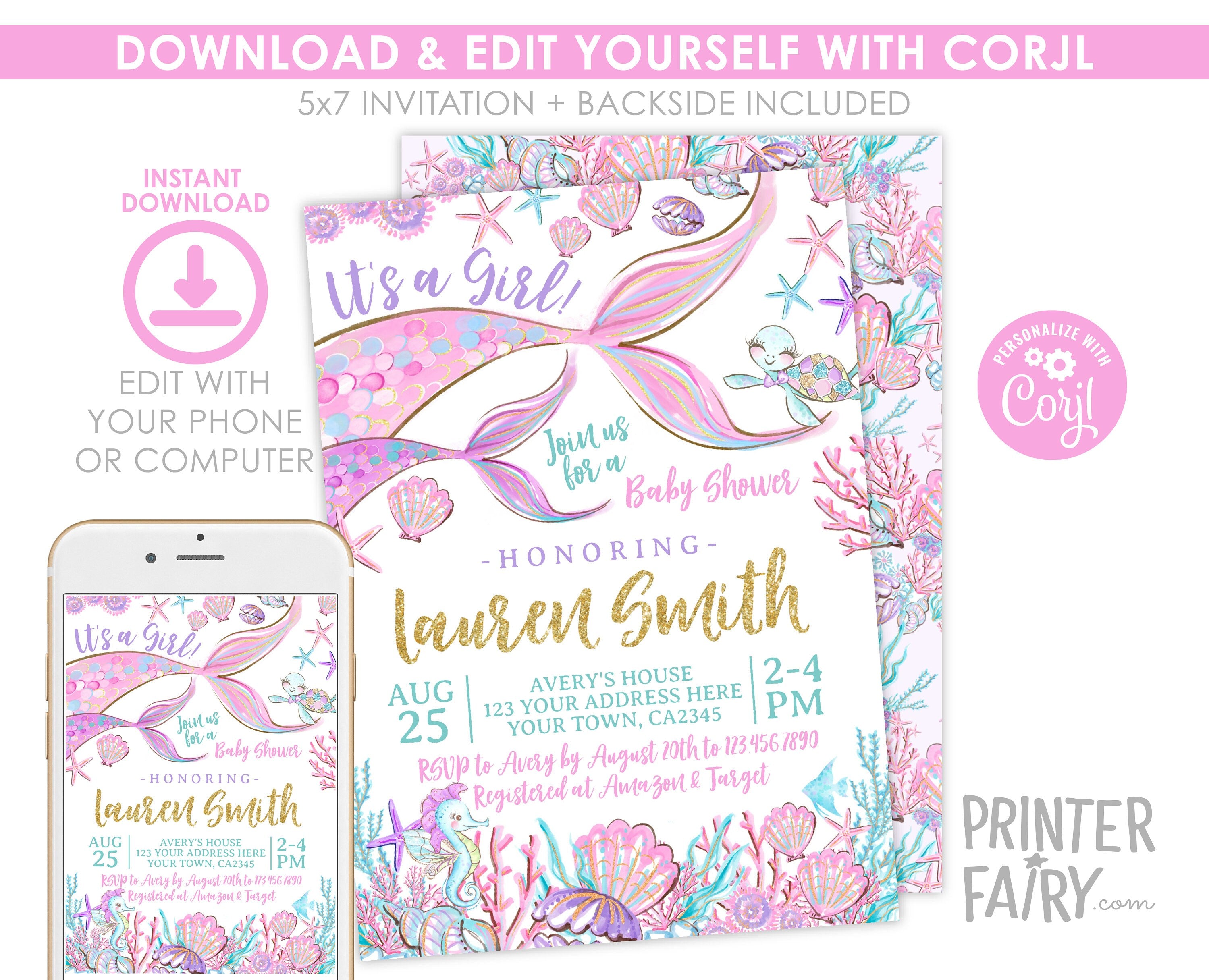 Mermaid Baby Shower Invitation Editable Template, INSTANT DOWNLOAD