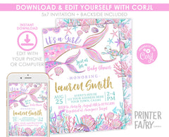 Mermaid Baby Shower Invitation Editable Template, INSTANT DOWNLOAD