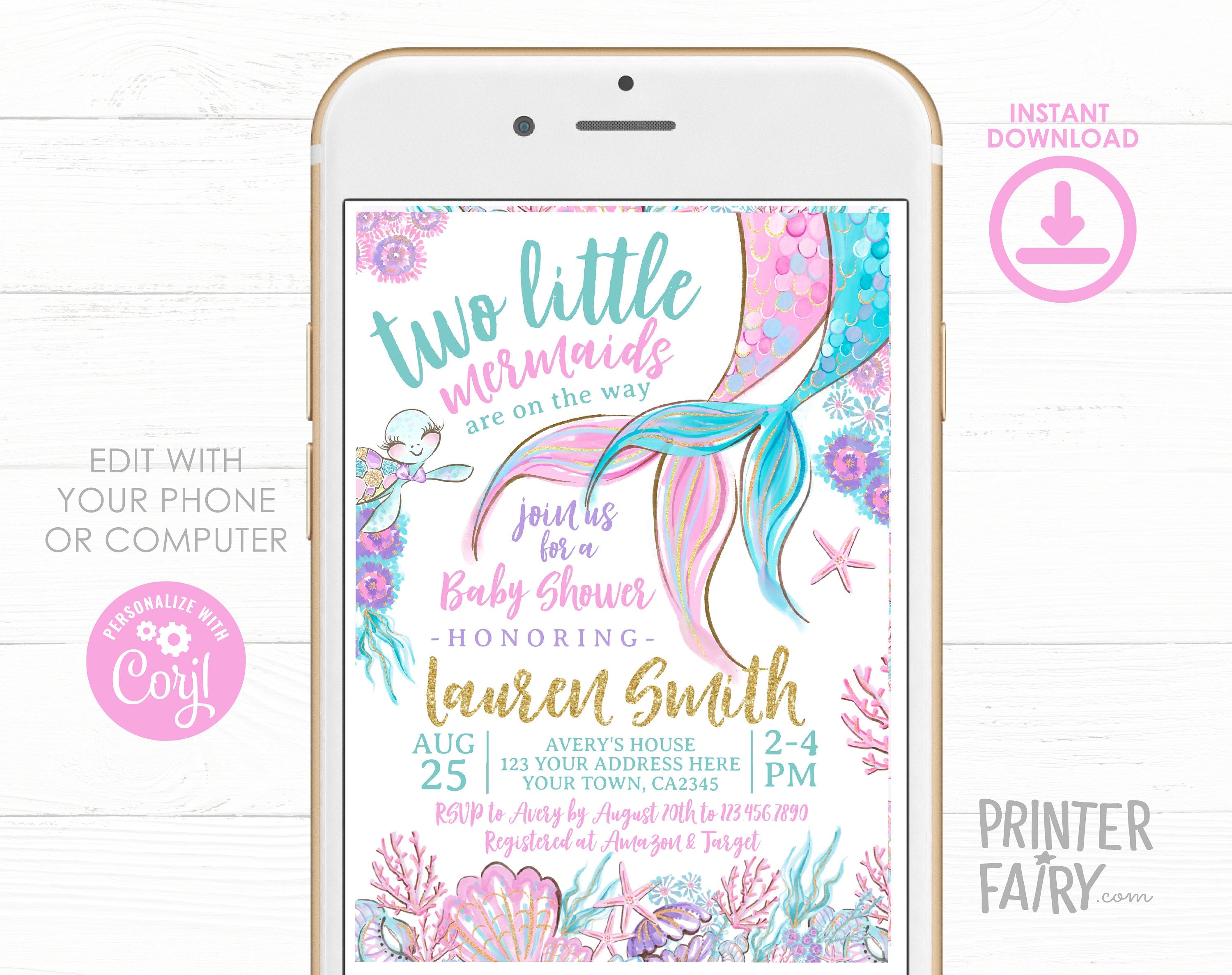 Mermaid Twins Baby Shower Invitation, Editable Template (Digital Download)
