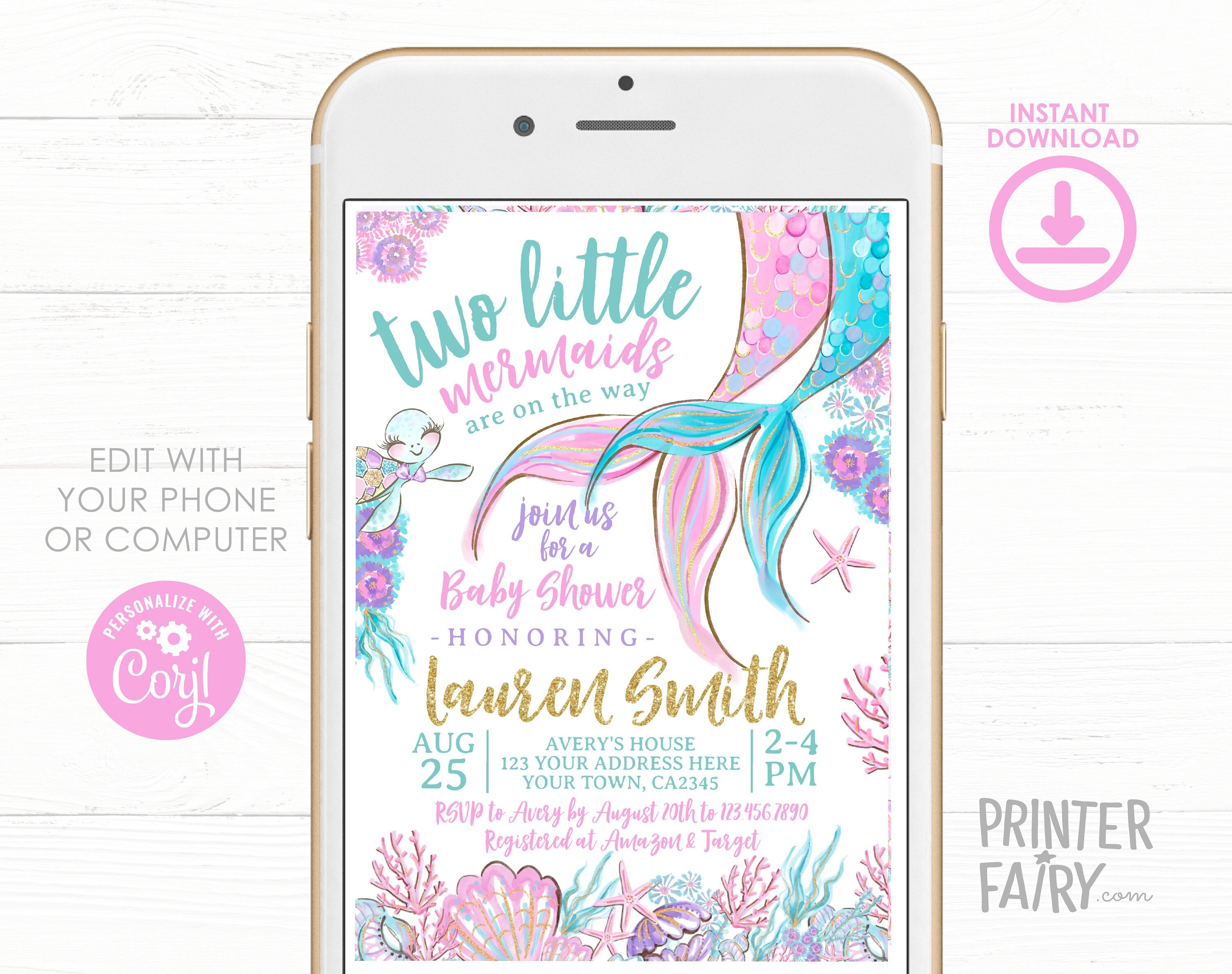 Mermaid Twins Baby Shower Invitation, Editable Template (Digital Download)