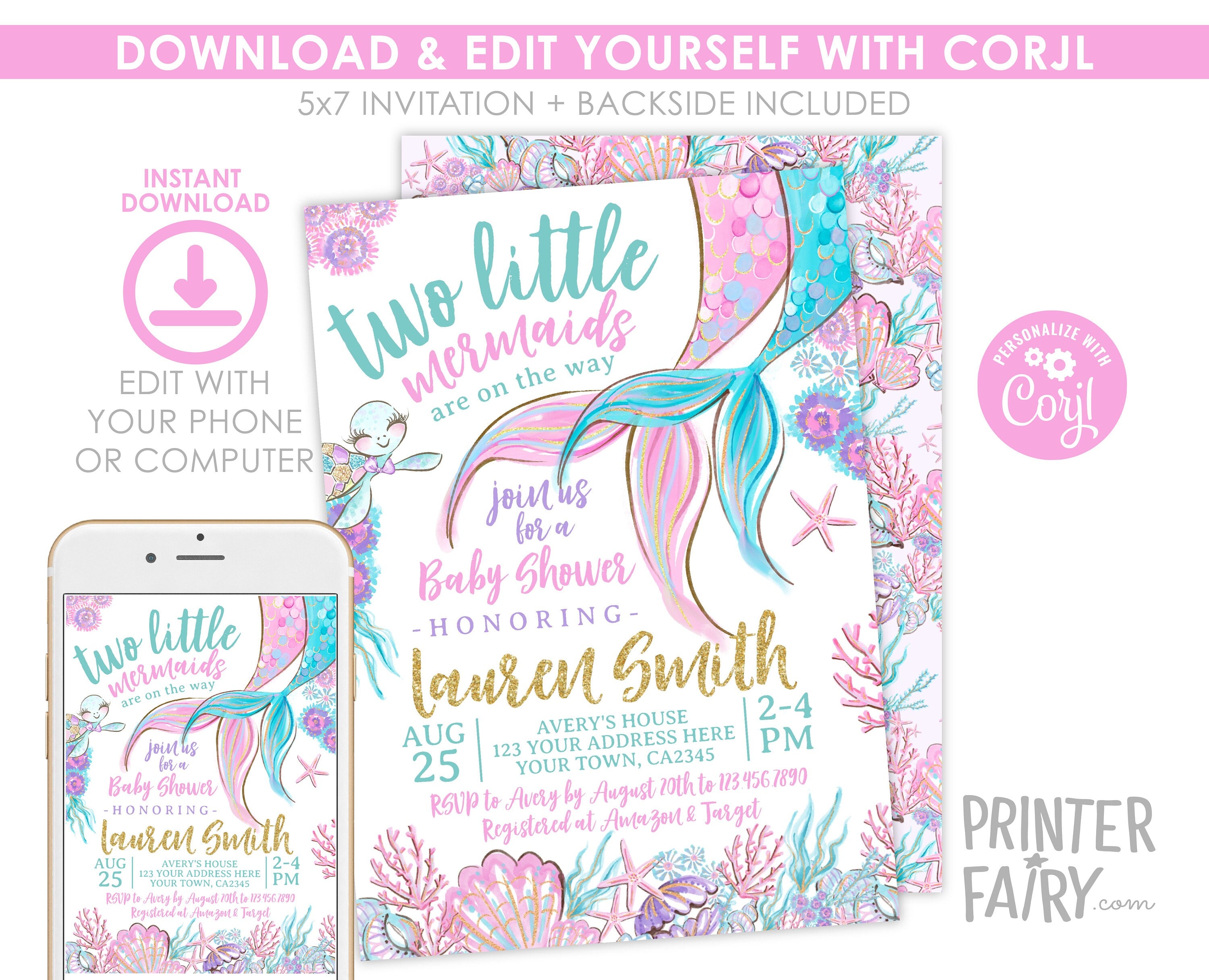 Mermaid Twins Baby Shower Invitation, Editable Template (Digital Download)