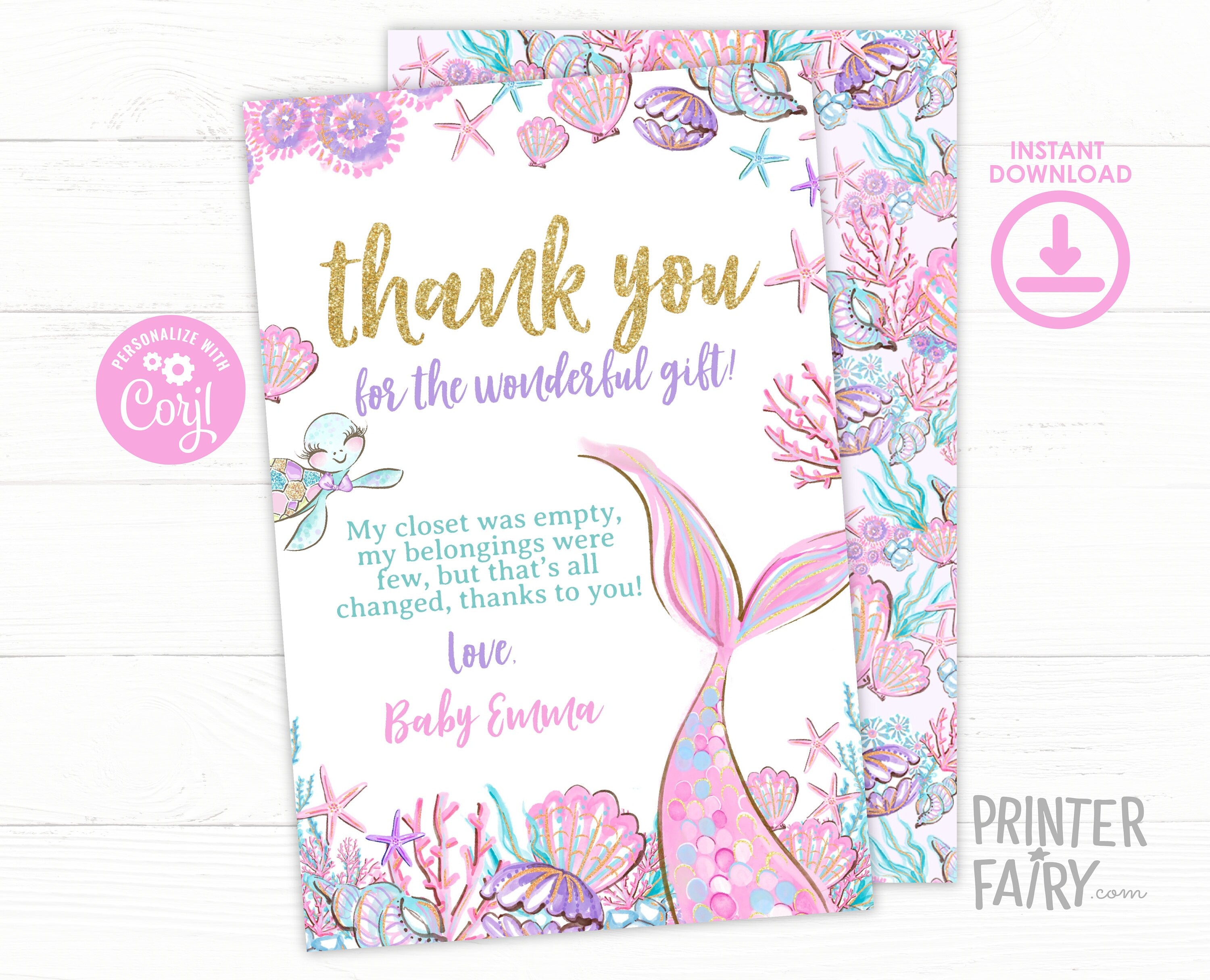 Mermaid Baby Shower Thank You Card, Editable Template (Digital Download)
