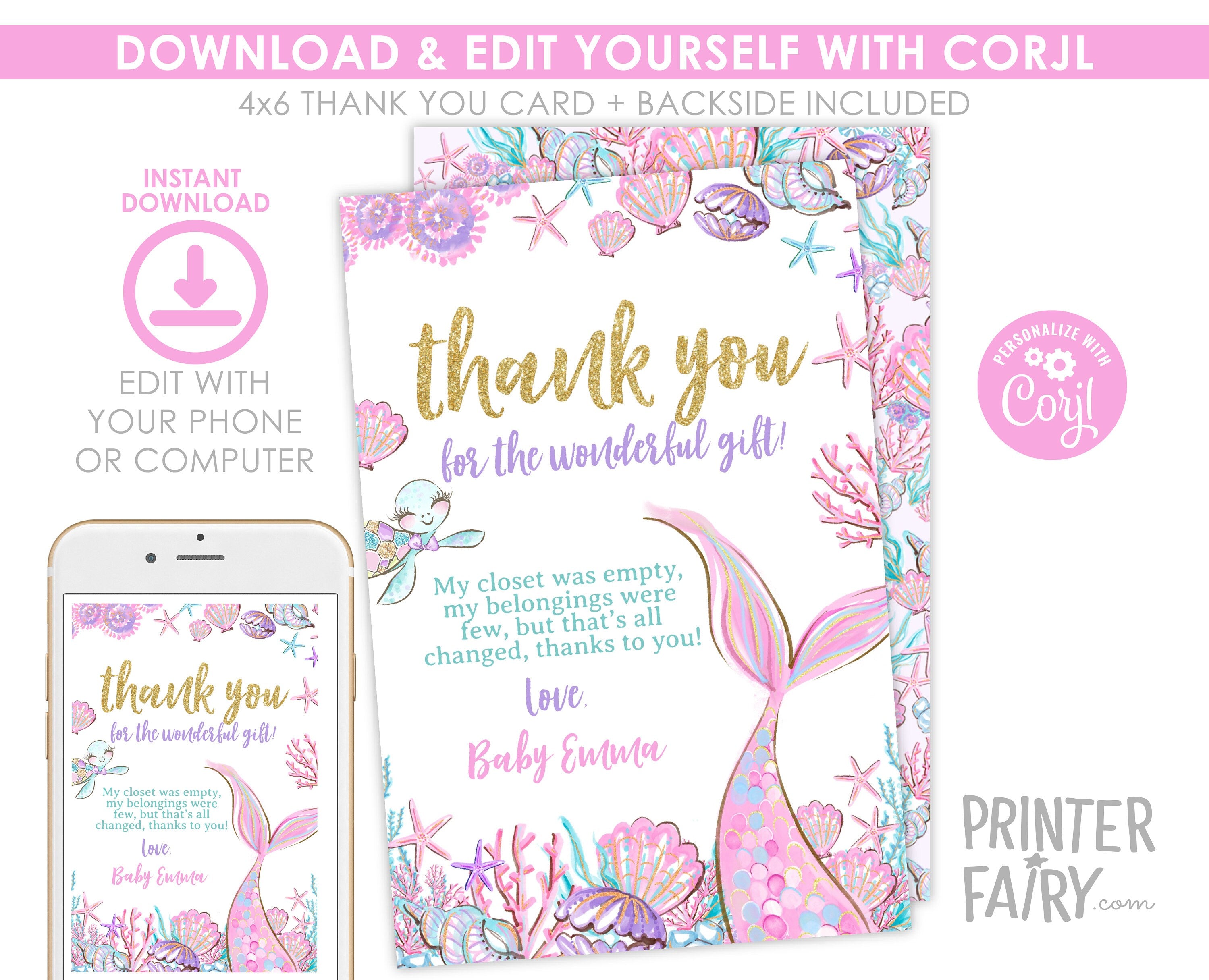 Mermaid Baby Shower Thank You Card, Editable Template (Digital Download)