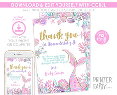 Mermaid Baby Shower Thank You Card, Editable Template (Digital Download)