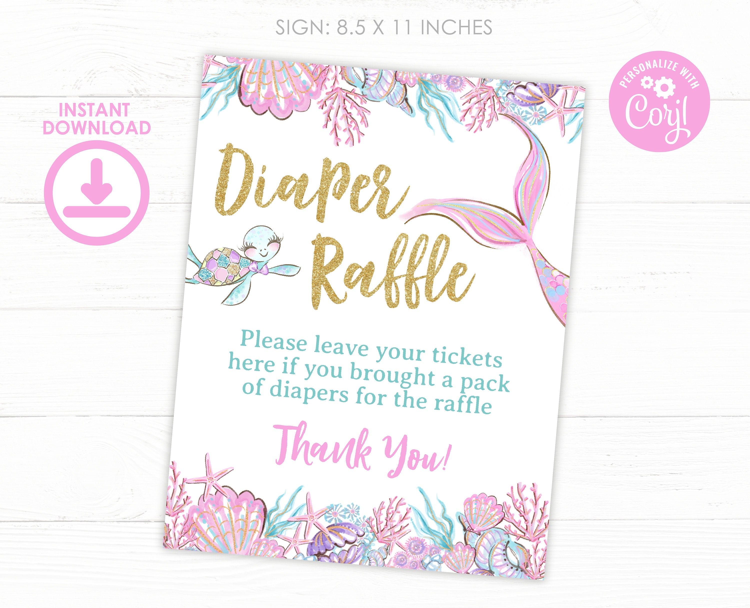 Mermaid Baby Shower Diaper Raffle Editable Sign and Tickets, Digital Printable, Instant Download