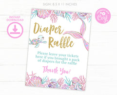 Mermaid Baby Shower Diaper Raffle Editable Sign and Tickets, Digital Printable, Instant Download