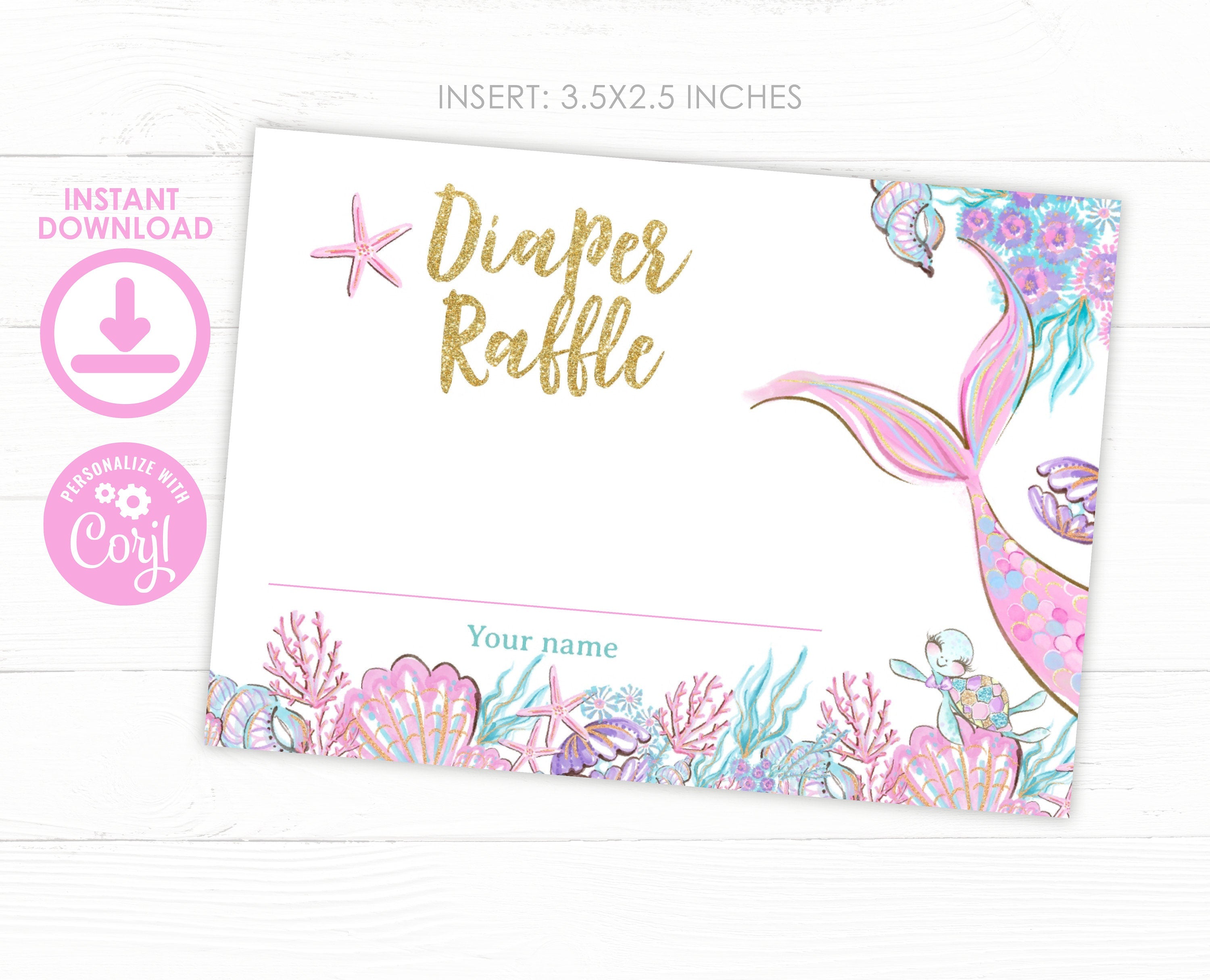 Mermaid Baby Shower Diaper Raffle Editable Sign and Tickets, Digital Printable, Instant Download