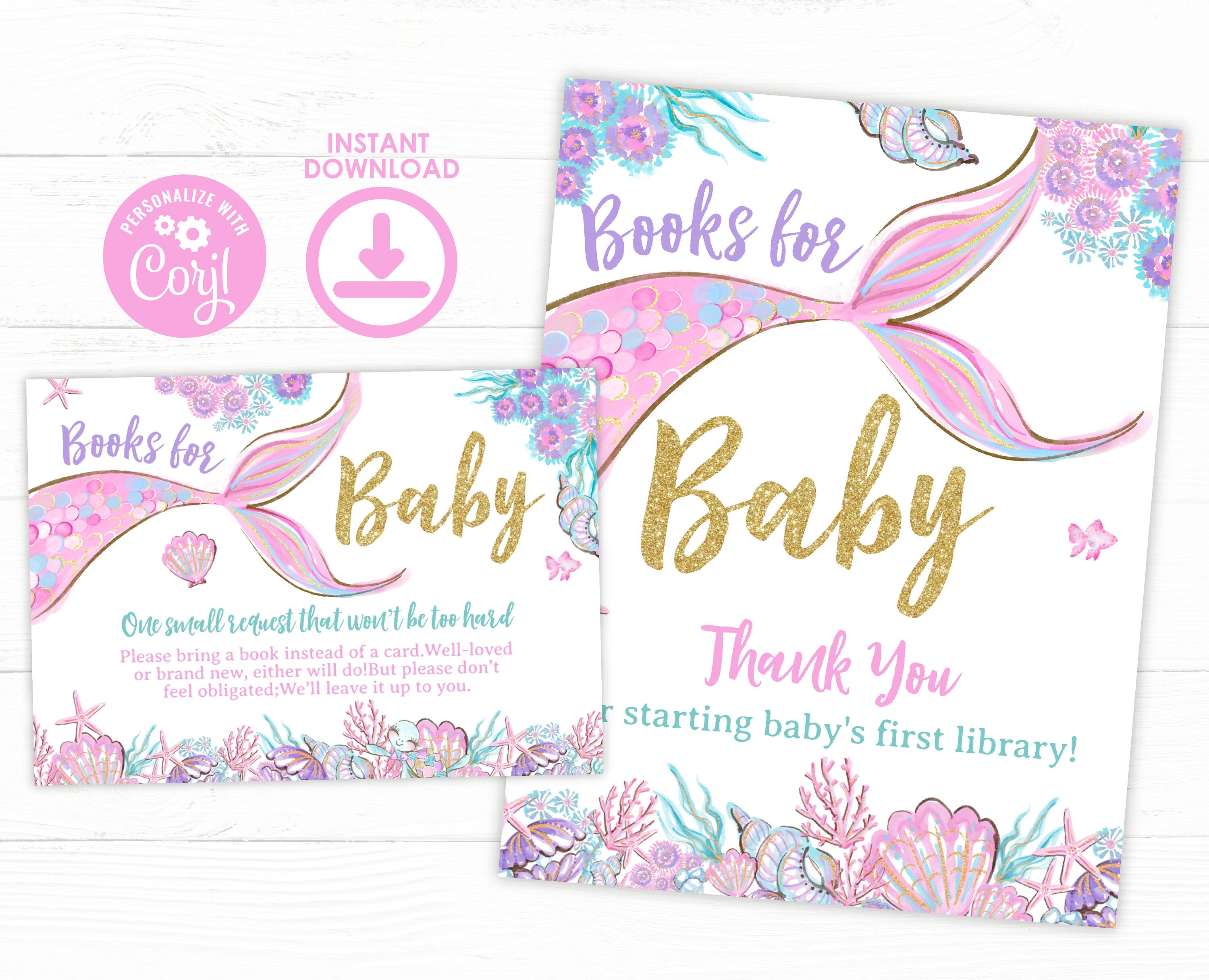 Mermaid Baby Shower Books for Baby Sign & Card (Editable Digital Download)