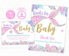 Mermaid Baby Shower Books for Baby Sign & Card (Editable Digital Download)