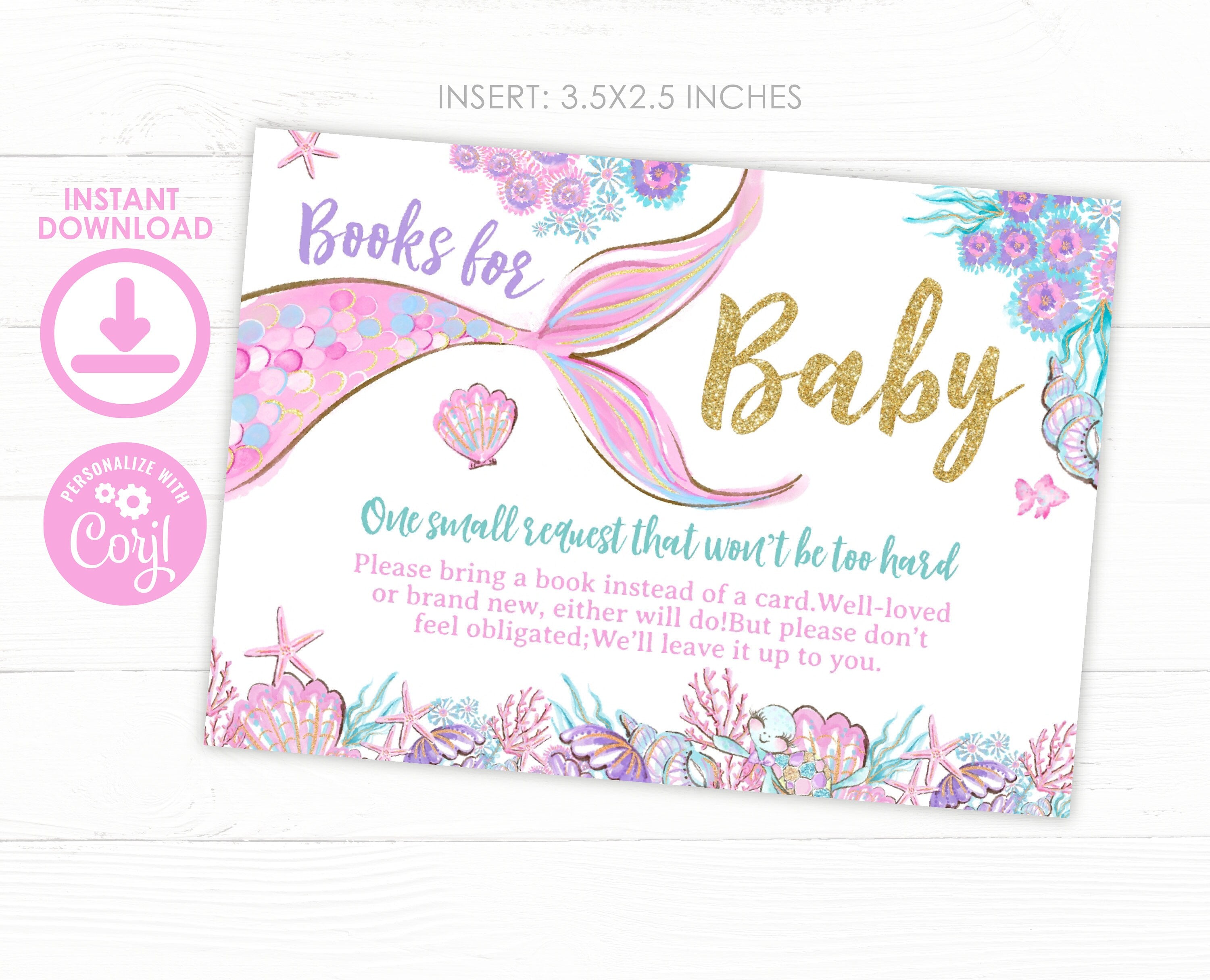 Mermaid Baby Shower Books for Baby Sign & Card (Editable Digital Download)