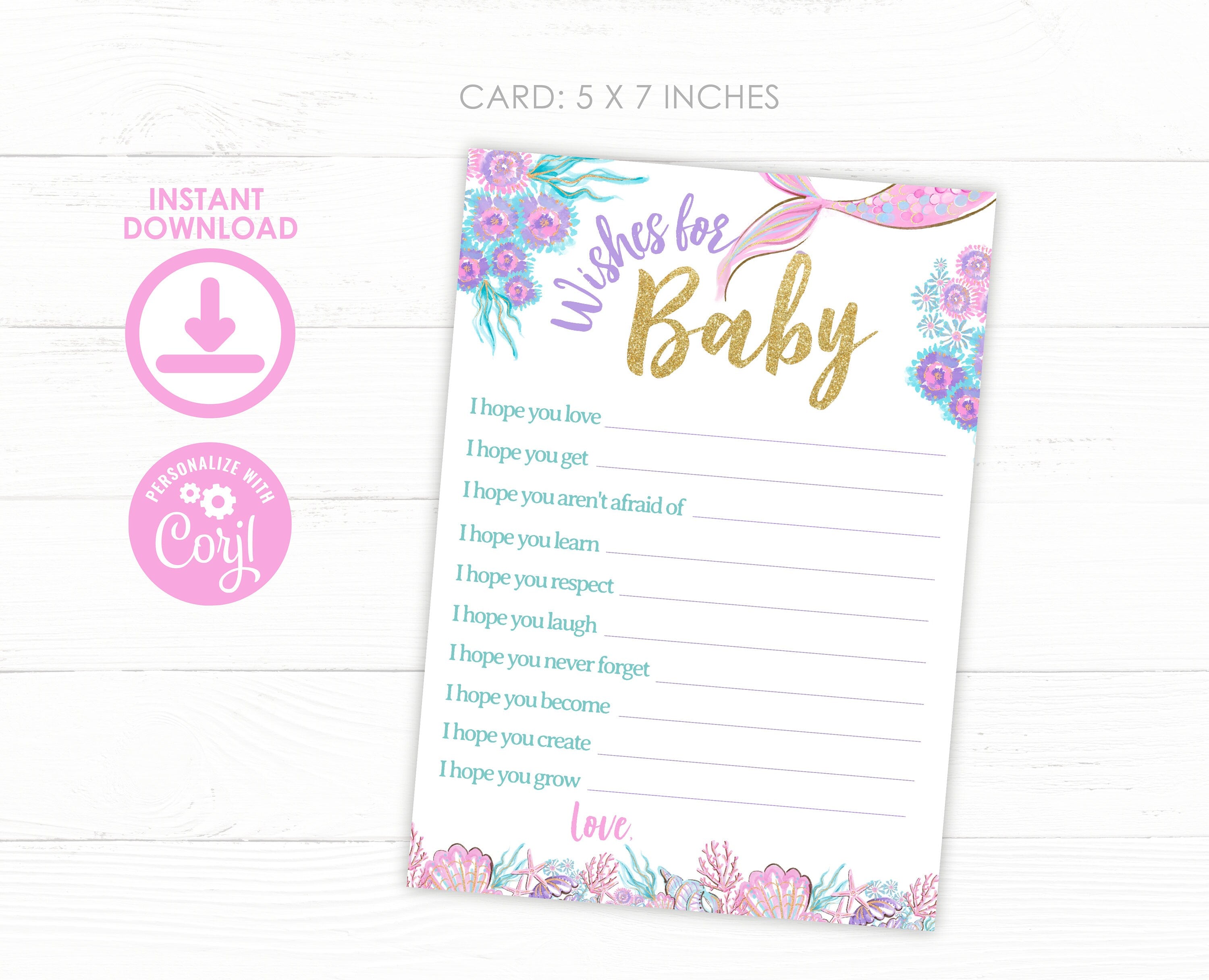 Mermaid Baby Shower Wishes Card, Editable Baby Sprinkle Game (Digital Download)