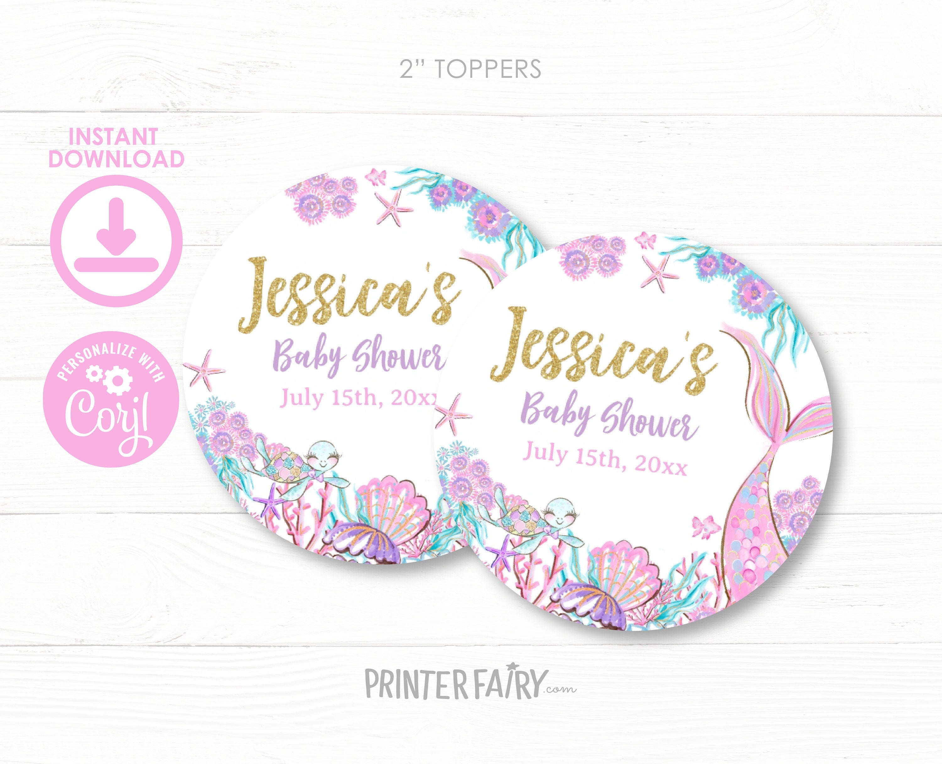 Mermaid Baby Shower Toppers, Editable Template Round Labels (Digital Instant Download Item)