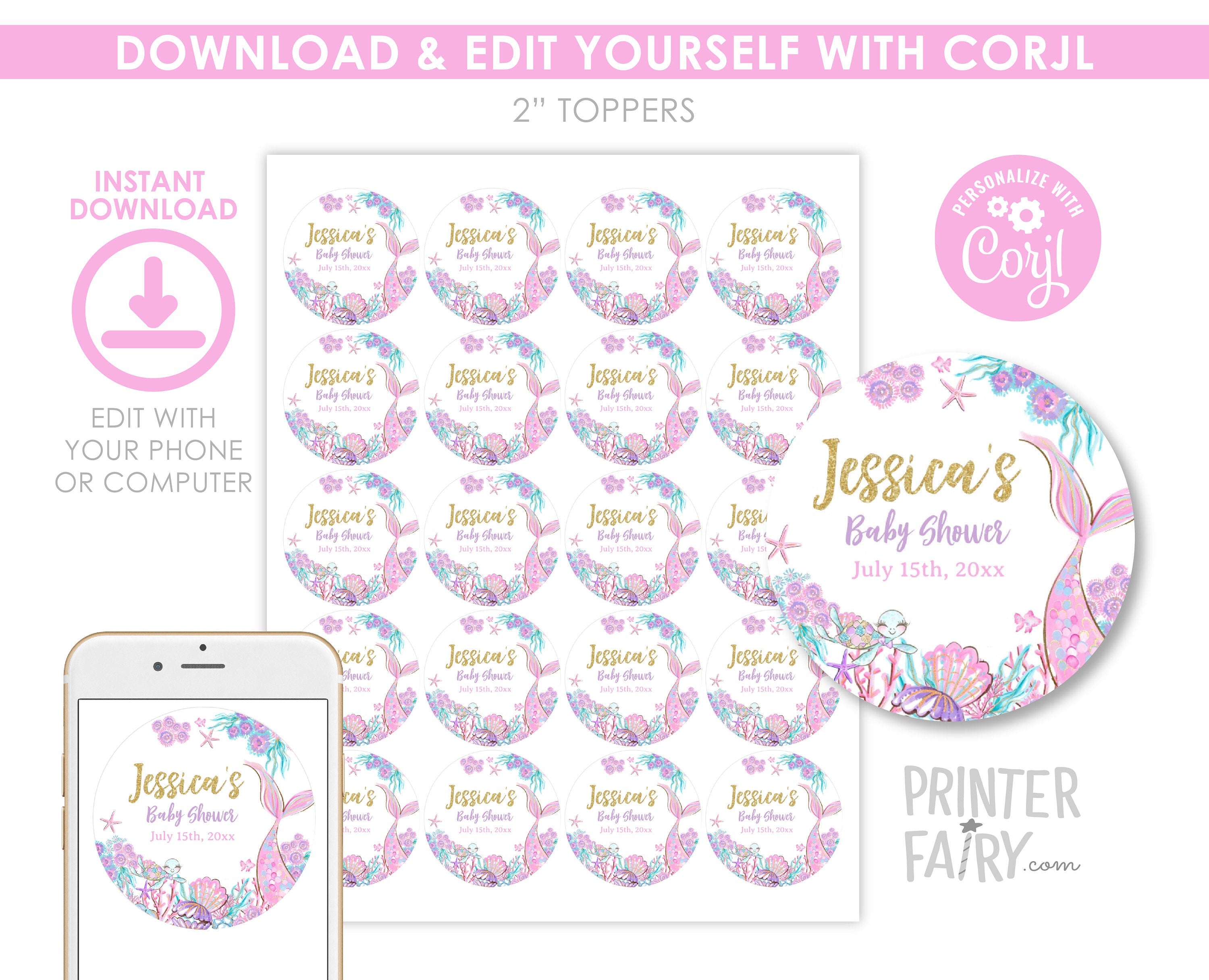 Mermaid Baby Shower Toppers, Editable Template Round Labels (Digital Instant Download Item)