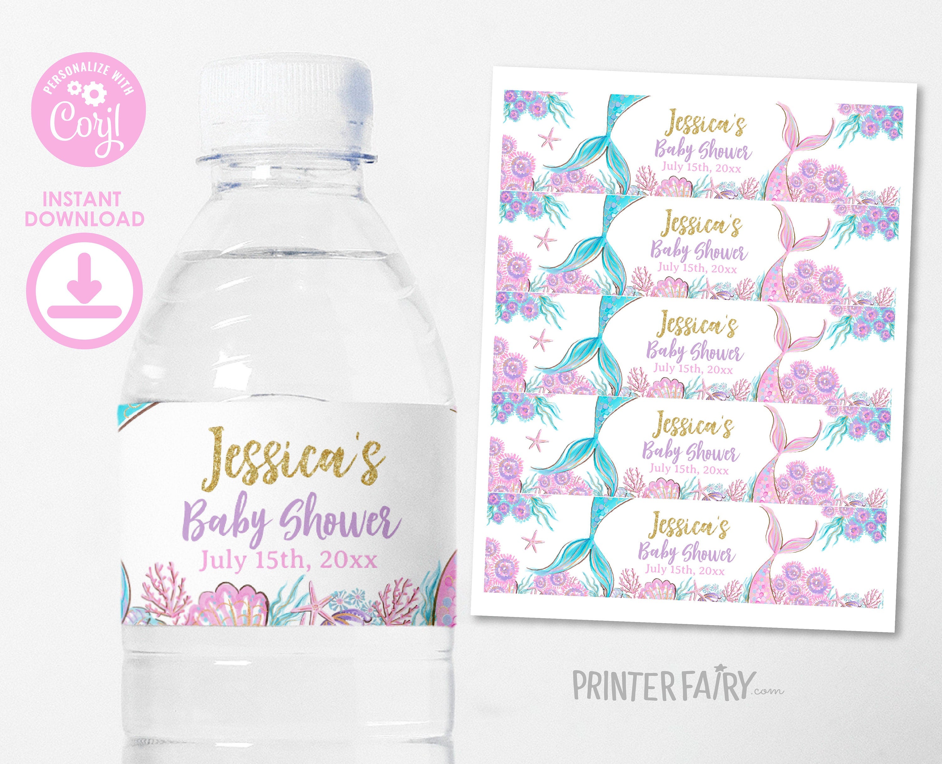Mermaid Baby Shower Water Bottle Label, Editable Template (Digital Item)