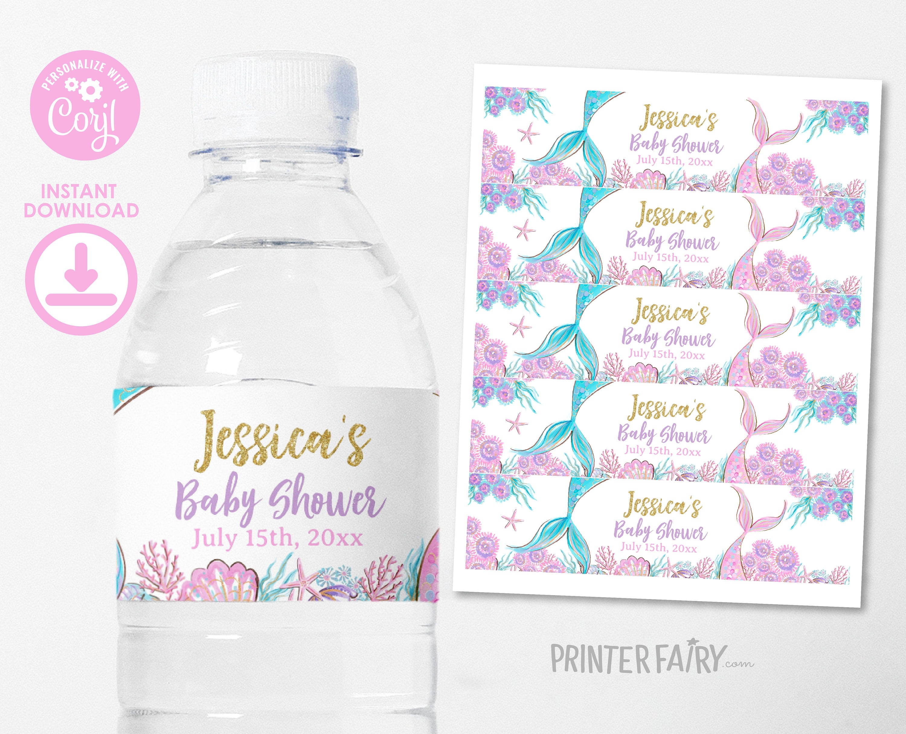Mermaid Baby Shower Water Bottle Label, Editable Template (Digital Item)