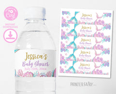 Mermaid Baby Shower Water Bottle Label, Editable Template (Digital Item)