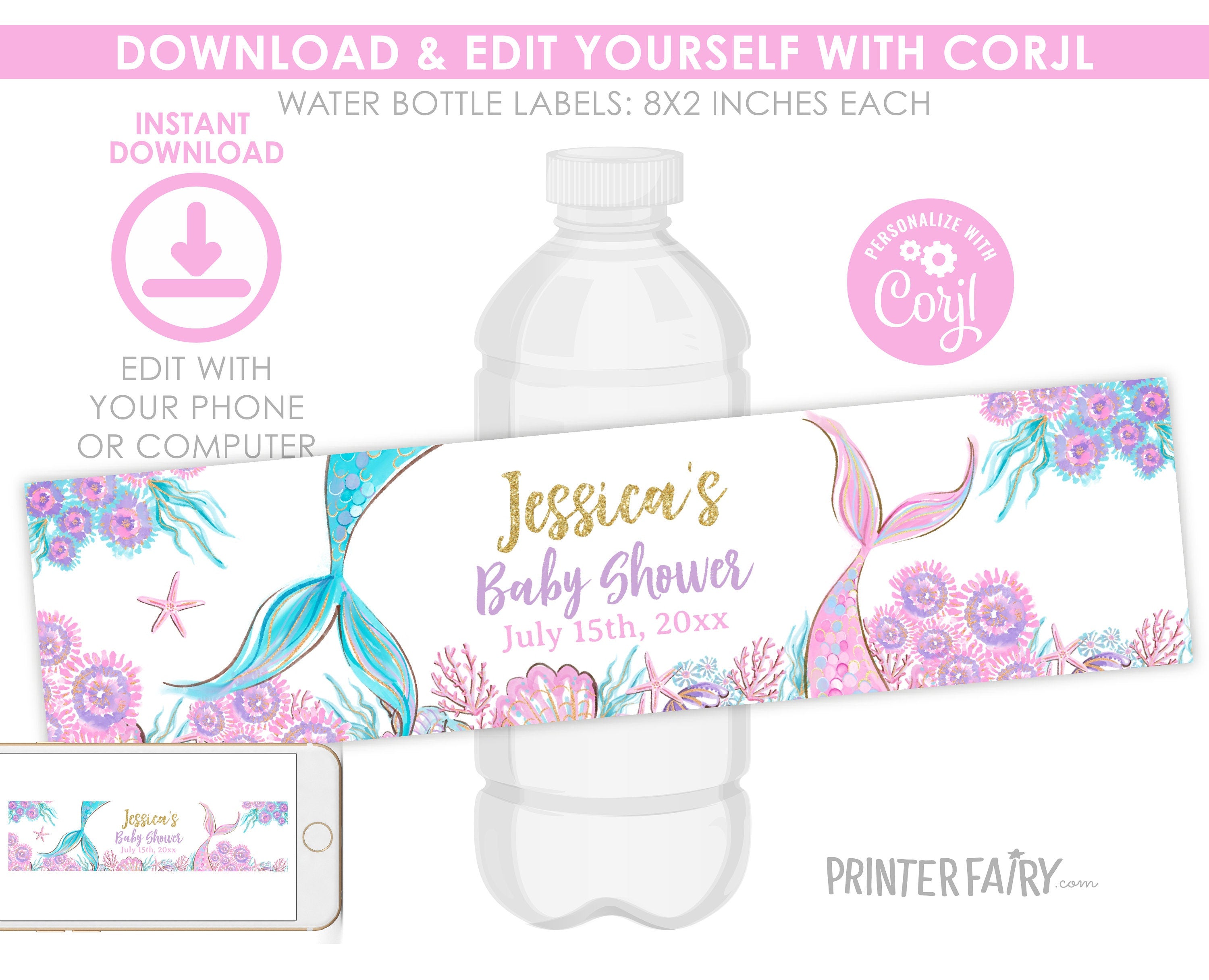 Mermaid Baby Shower Water Bottle Label, Editable Template (Digital Item)