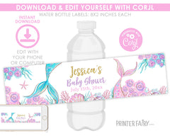 Mermaid Baby Shower Water Bottle Label, Editable Template (Digital Item)