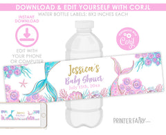 Mermaid Baby Shower Water Bottle Label, Editable Template (Digital Item)