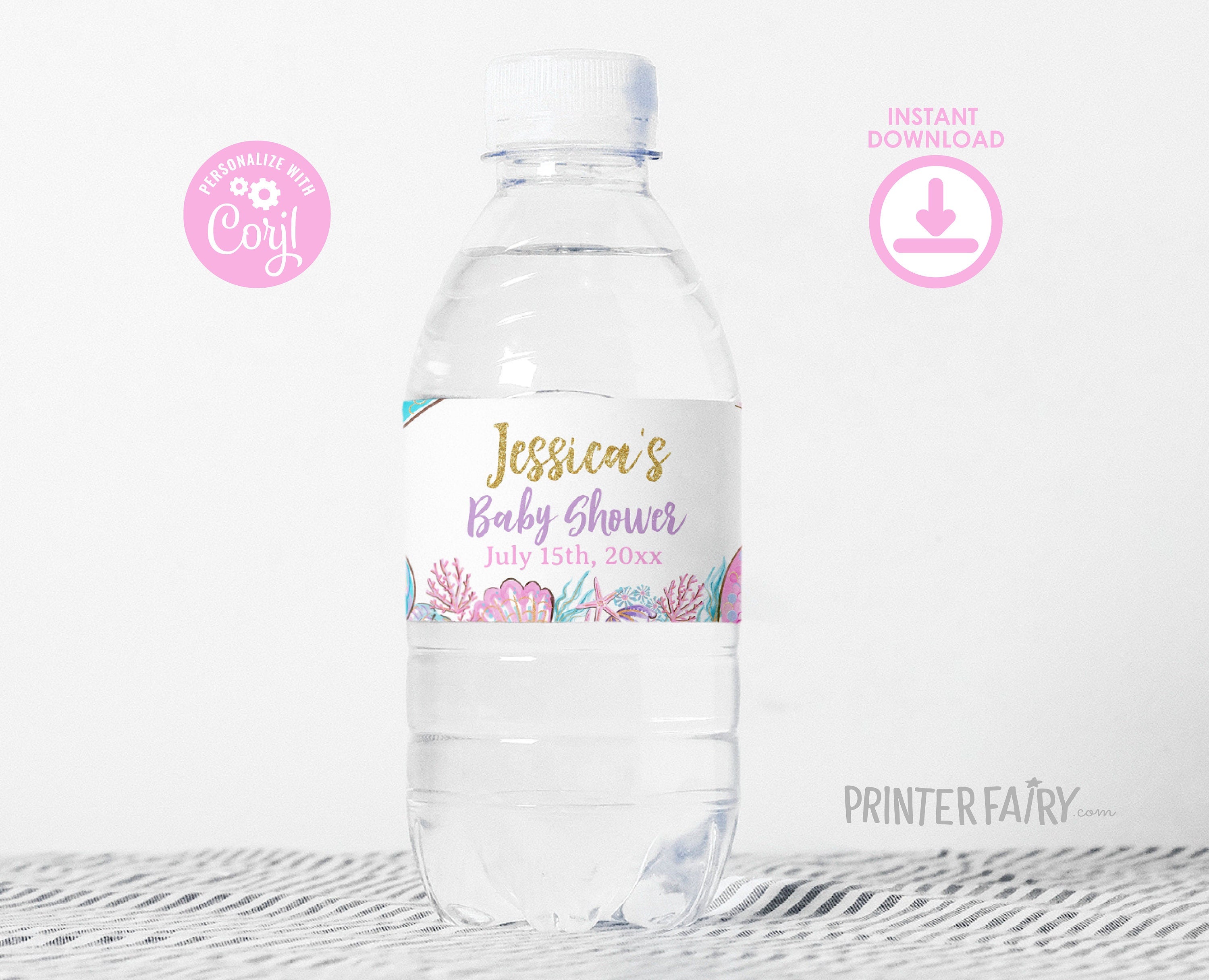 Mermaid Baby Shower Water Bottle Label, Editable Template (Digital Item)