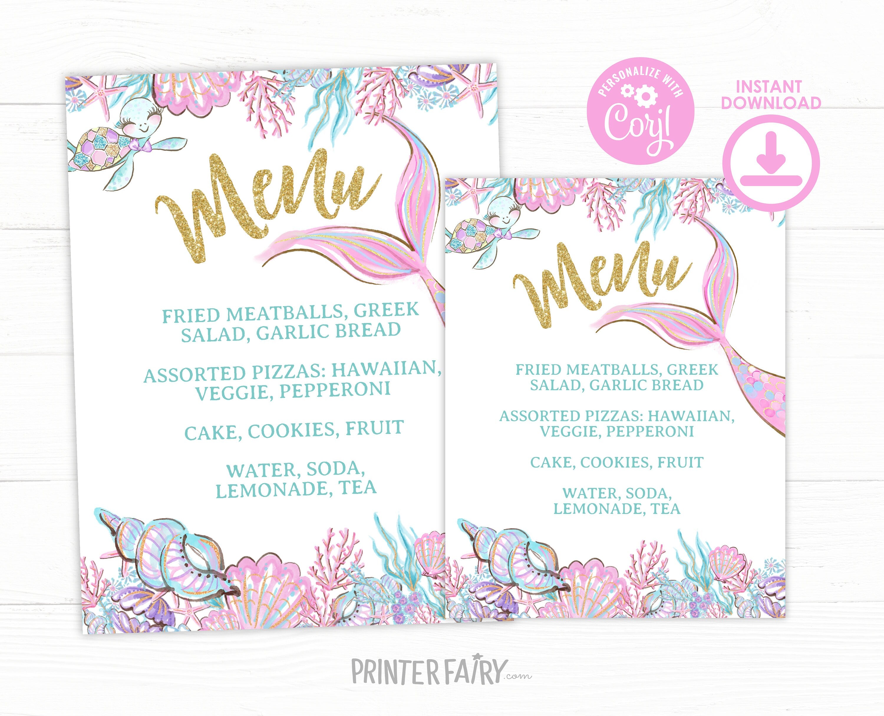 Mermaid Baby Shower Menu Sign, Editable Dinner Menu (Digital Download)