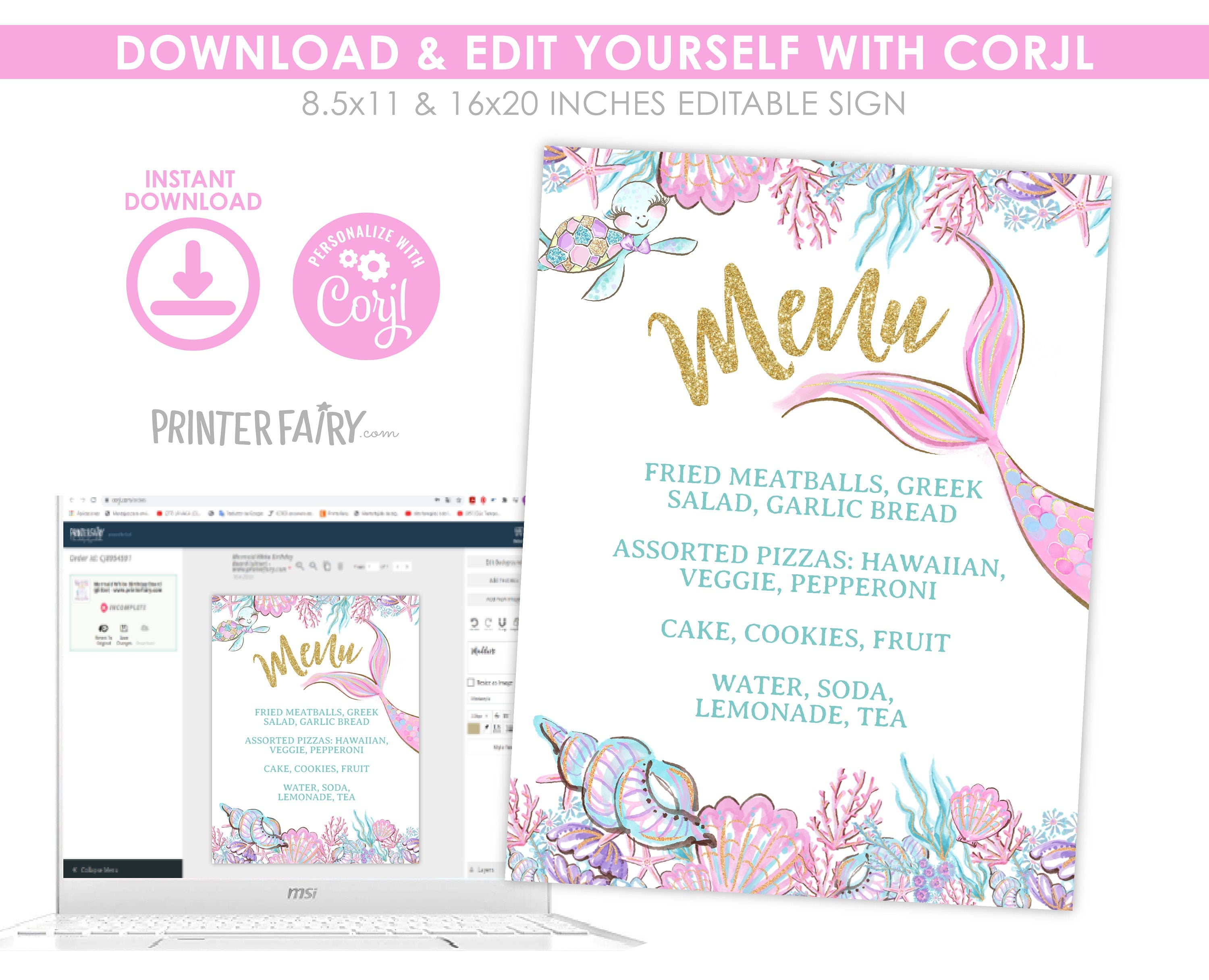 Mermaid Baby Shower Menu Sign, Editable Dinner Menu (Digital Download)