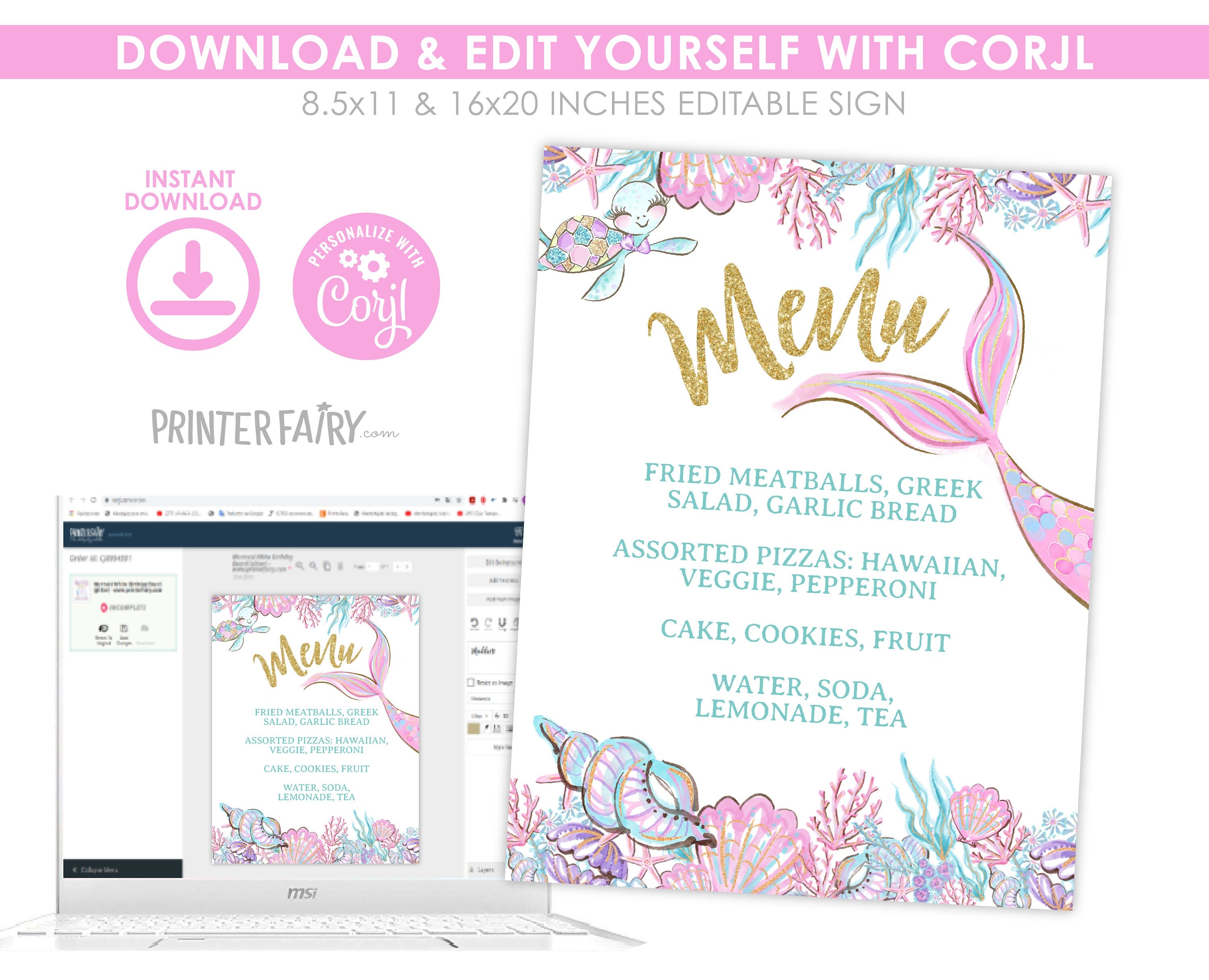Mermaid Baby Shower Menu Sign, Editable Dinner Menu (Digital Download)