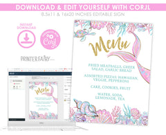 Mermaid Baby Shower Menu Sign, Editable Dinner Menu (Digital Download)