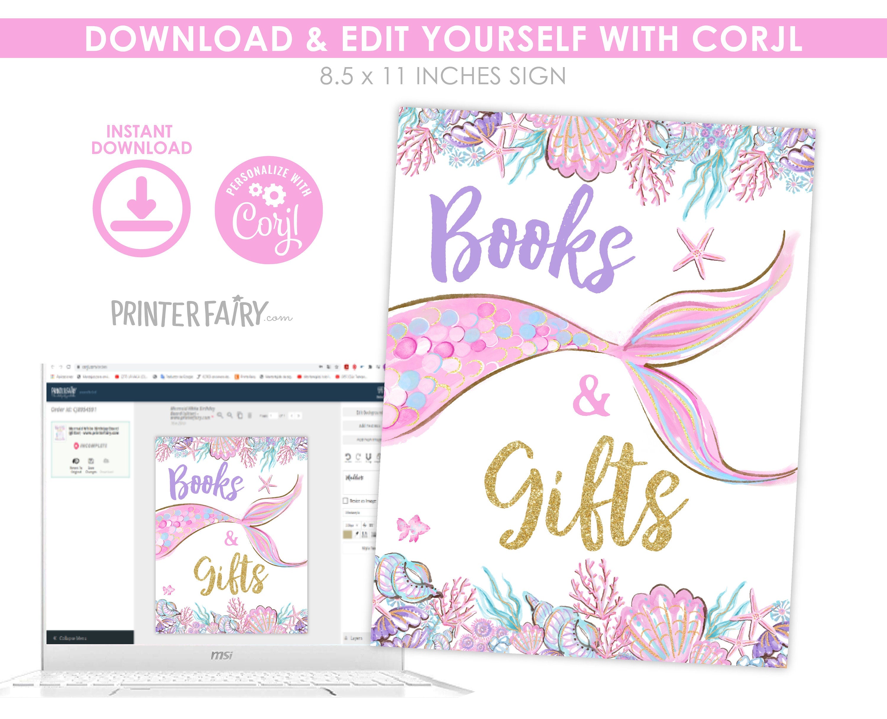 Mermaid Baby Shower Games Sign, Editable Mermosa Bar, Books & Gifts (Digital Download)
