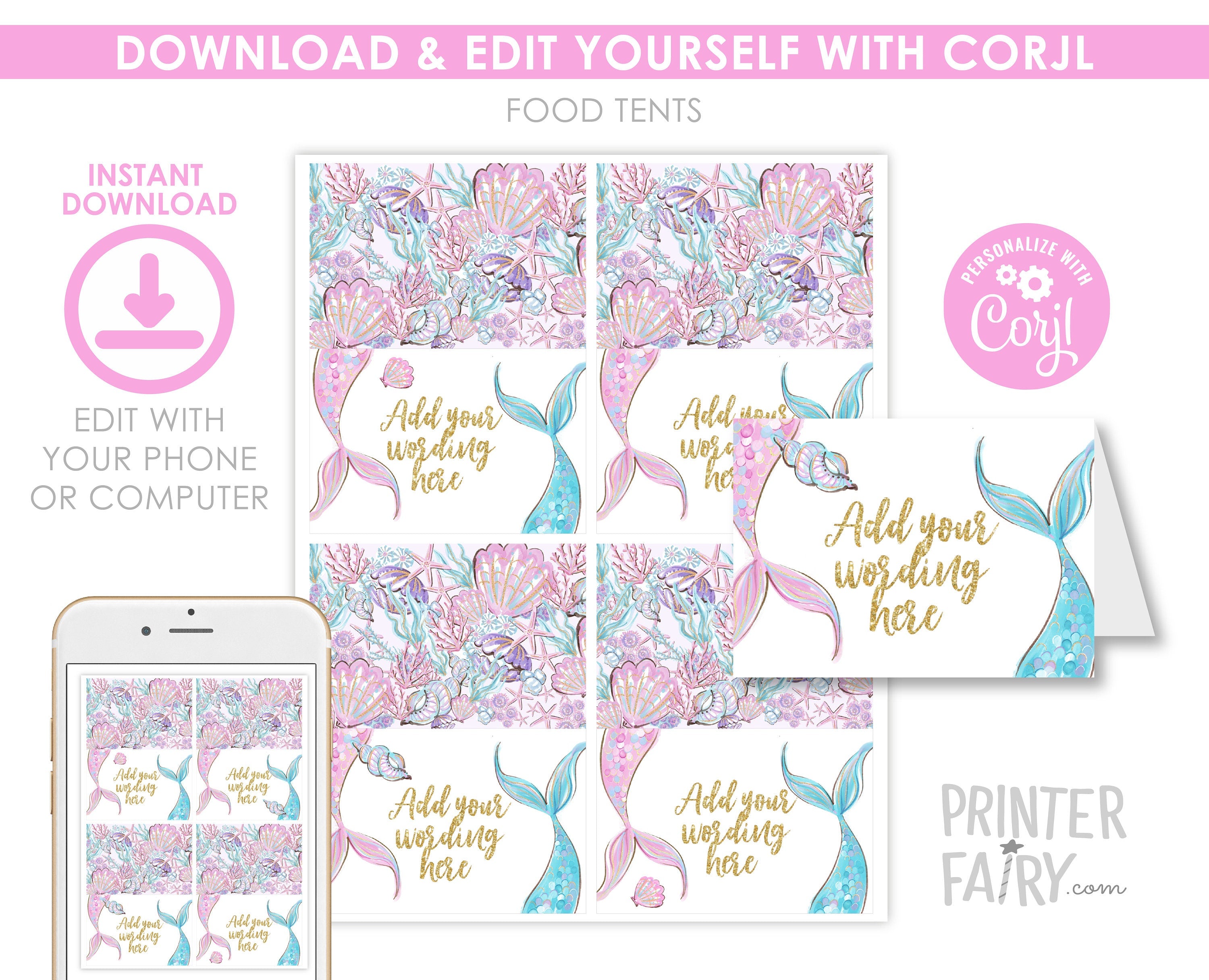 Mermaid Baby Shower Printable Food Tents Editable Templates, Instant Download