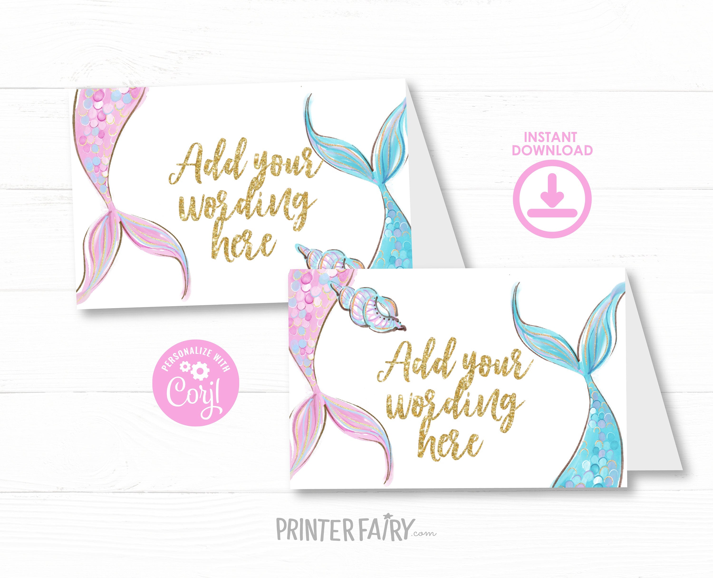 Mermaid Baby Shower Printable Food Tents Editable Templates, Instant Download
