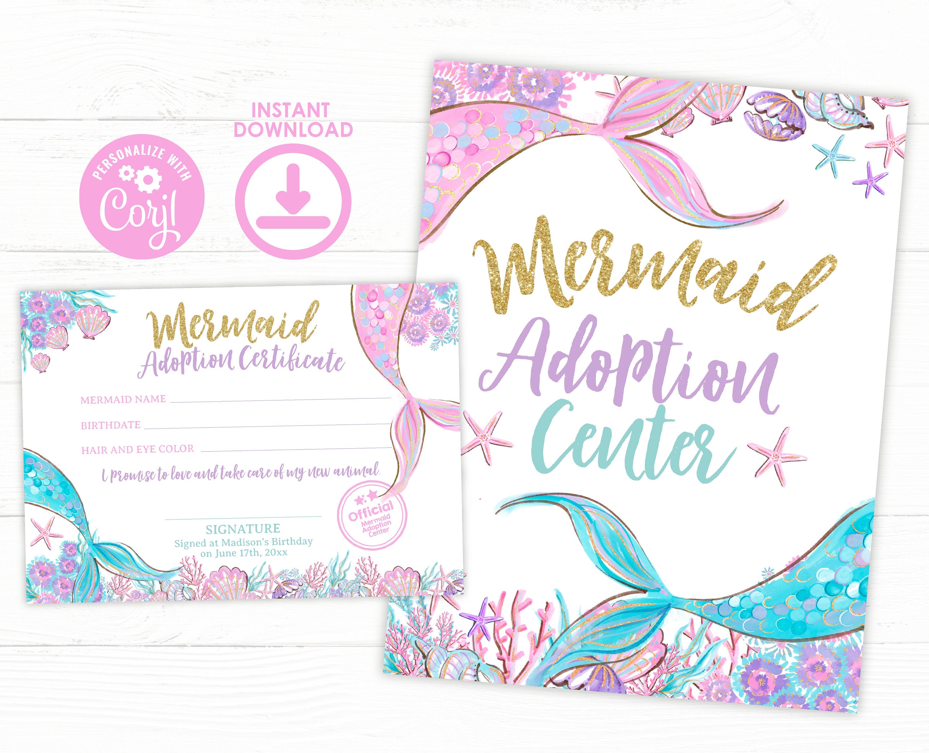 Mermaid Adoption Certificate and Sign Editable Templates, Digital Designs (Instant Download)