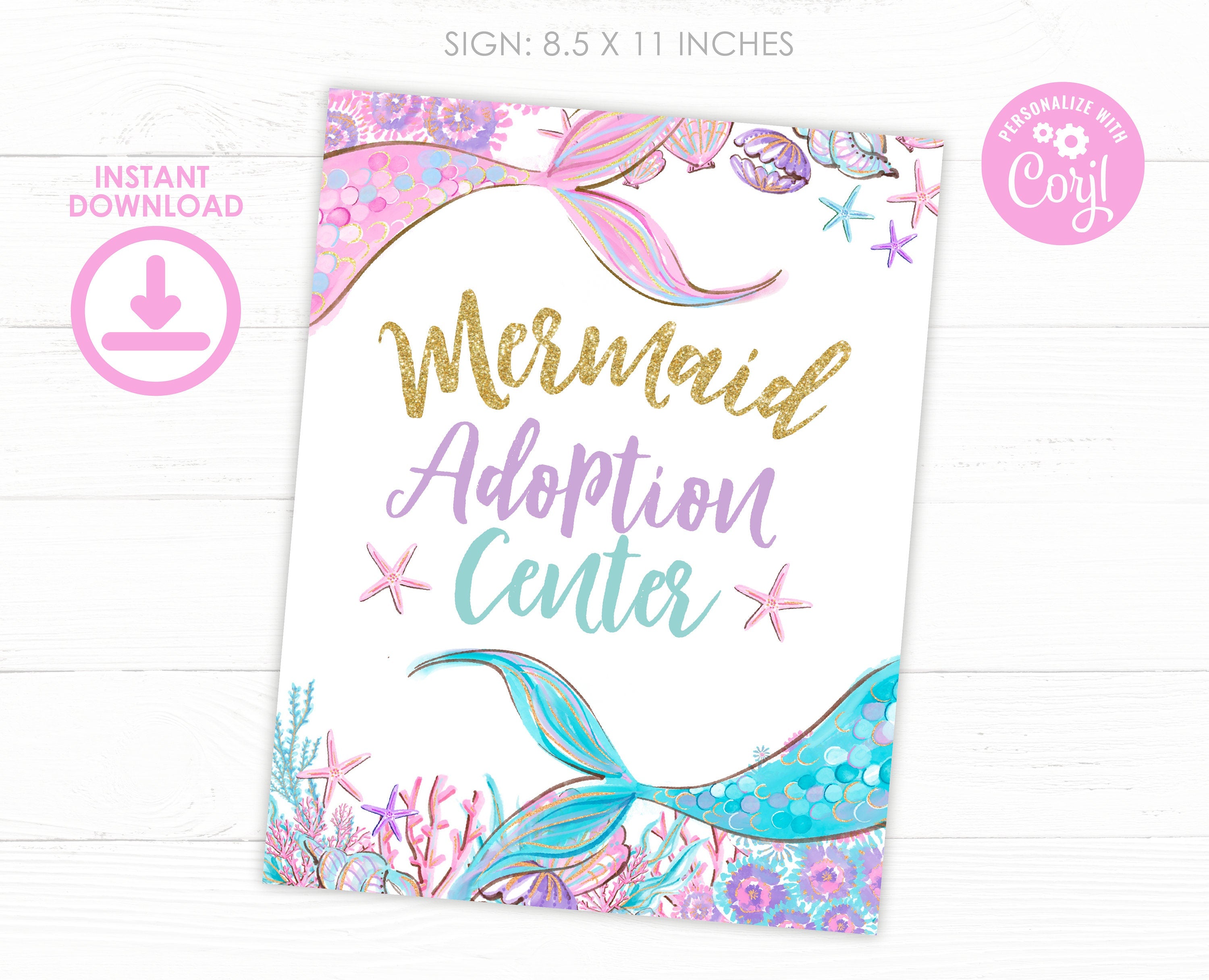 Mermaid Adoption Certificate and Sign Editable Templates, Digital Designs (Instant Download)