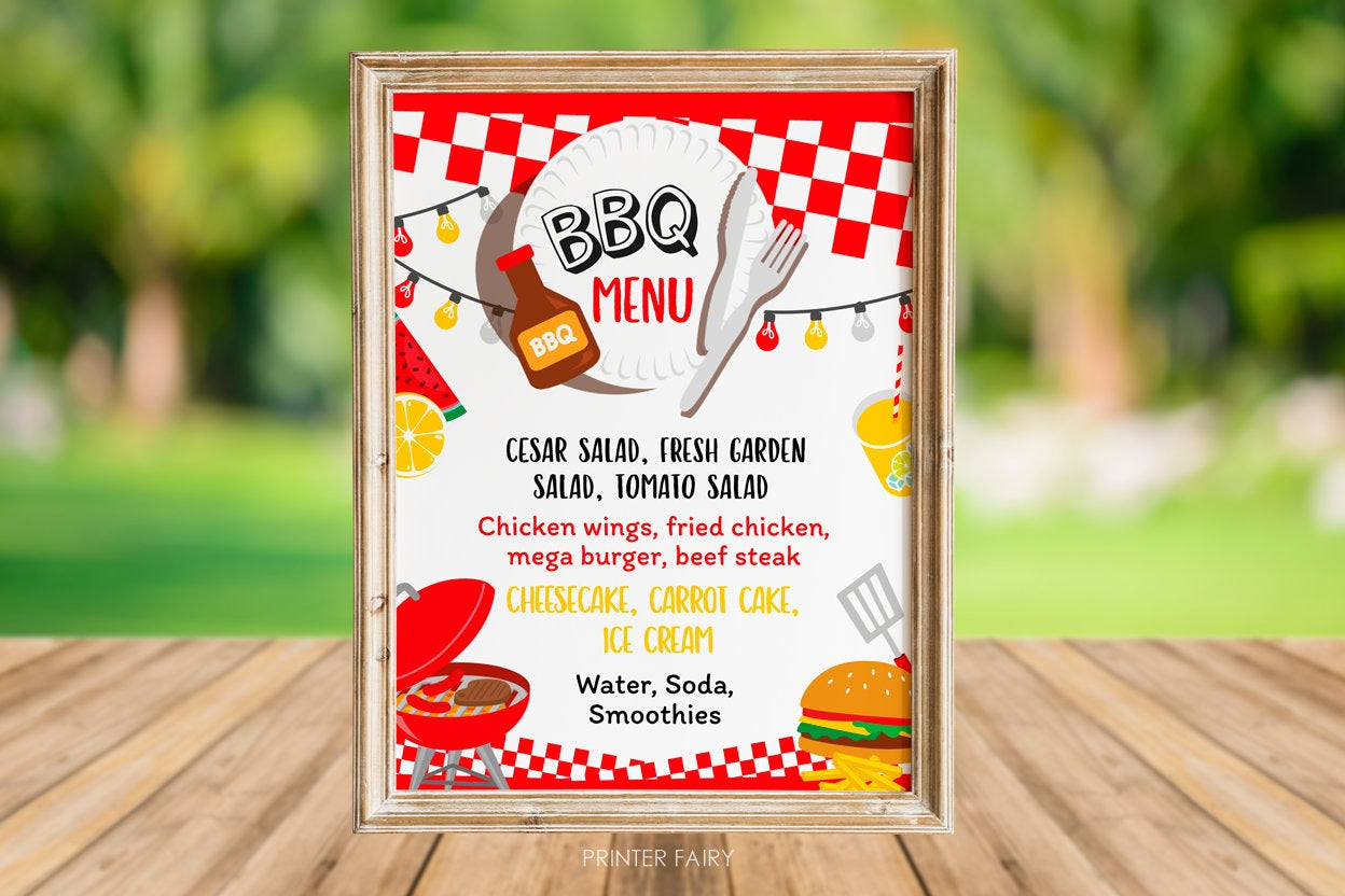 BBQ Party Menu Sign Editable Template, Digital Printable Design, Instant Download