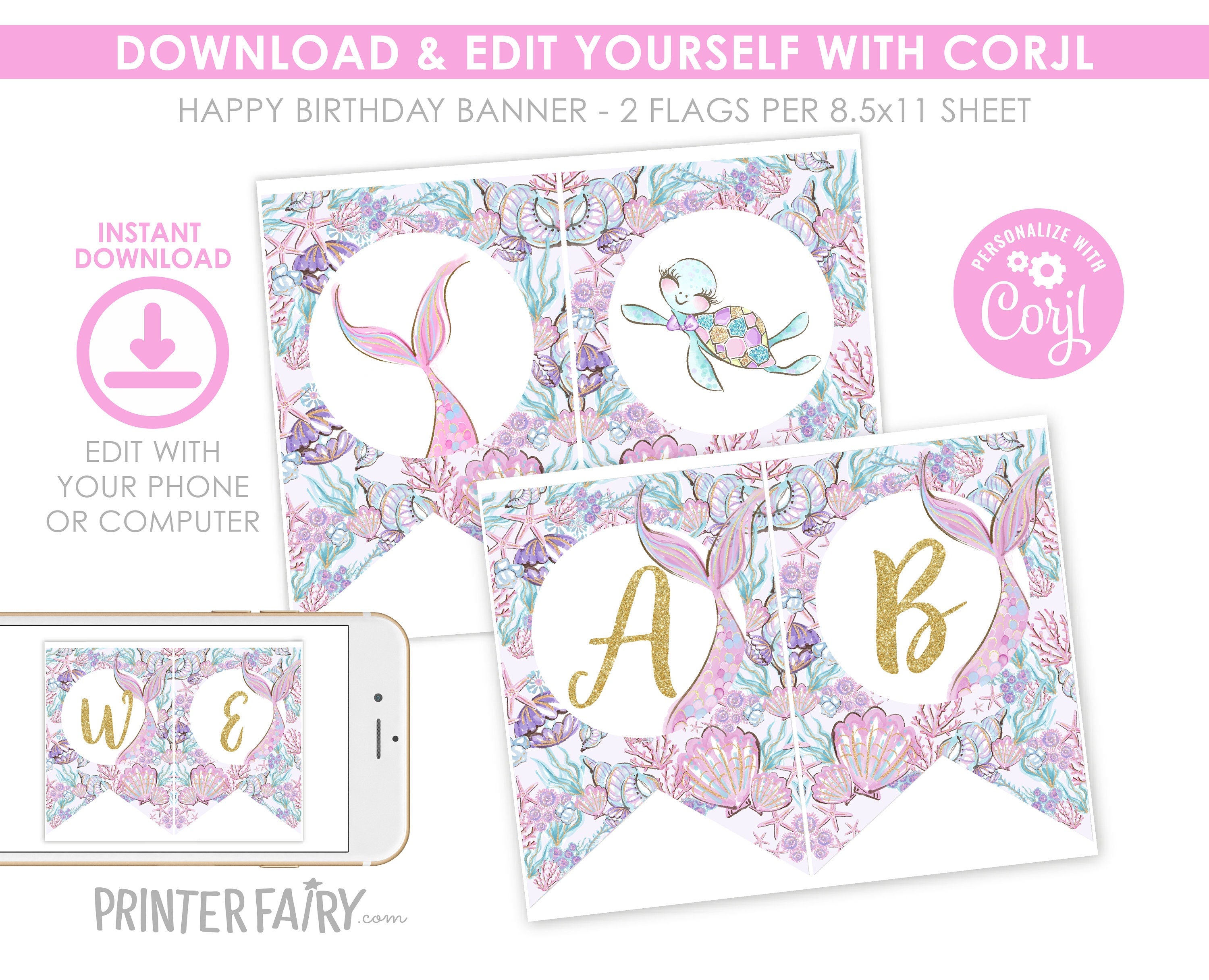 Mermaid Baby Shower Banner, Editable Bunting (Digital Download)