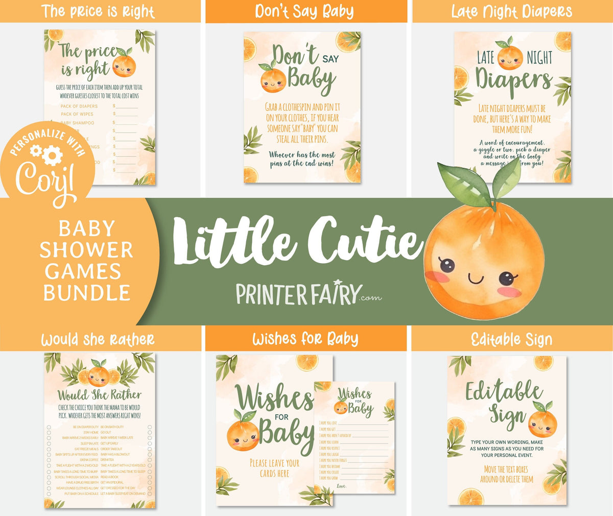 Orange Little Cutie Baby Shower Games, Editable (Digital Download)