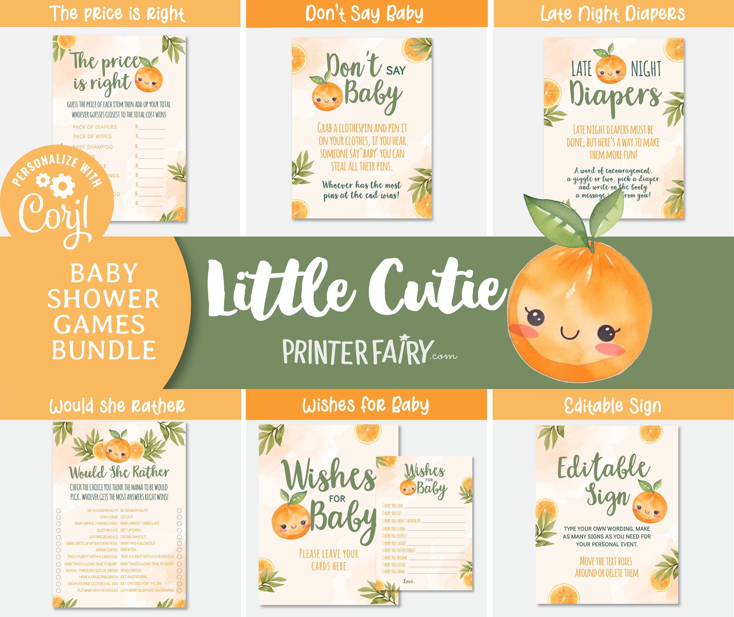 Little Cutie Orange Baby Shower FULL Bundle, Editable Templates, INSTANT DOWNLOAD