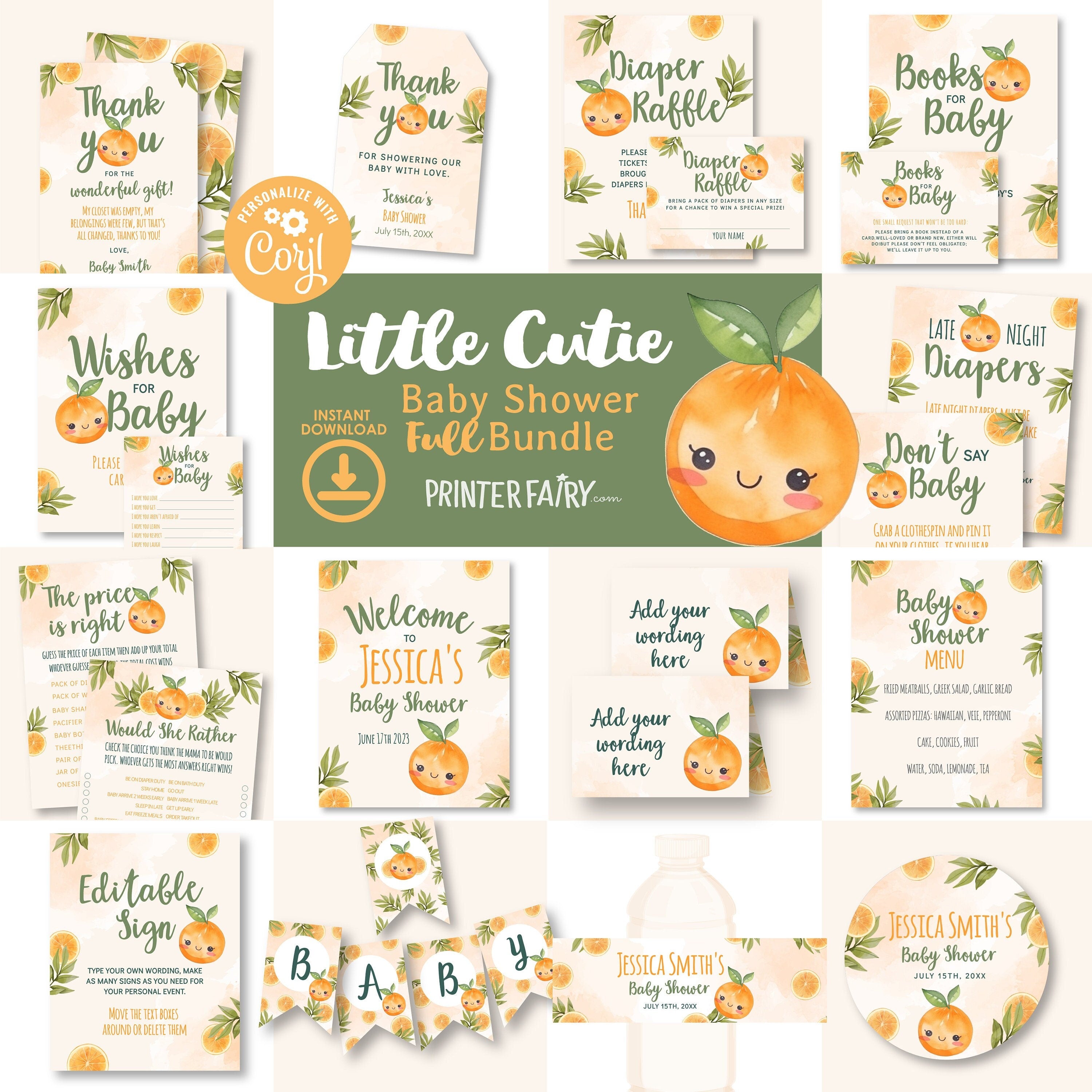 Little Cutie Orange Baby Shower FULL Bundle, Editable Templates, INSTANT DOWNLOAD