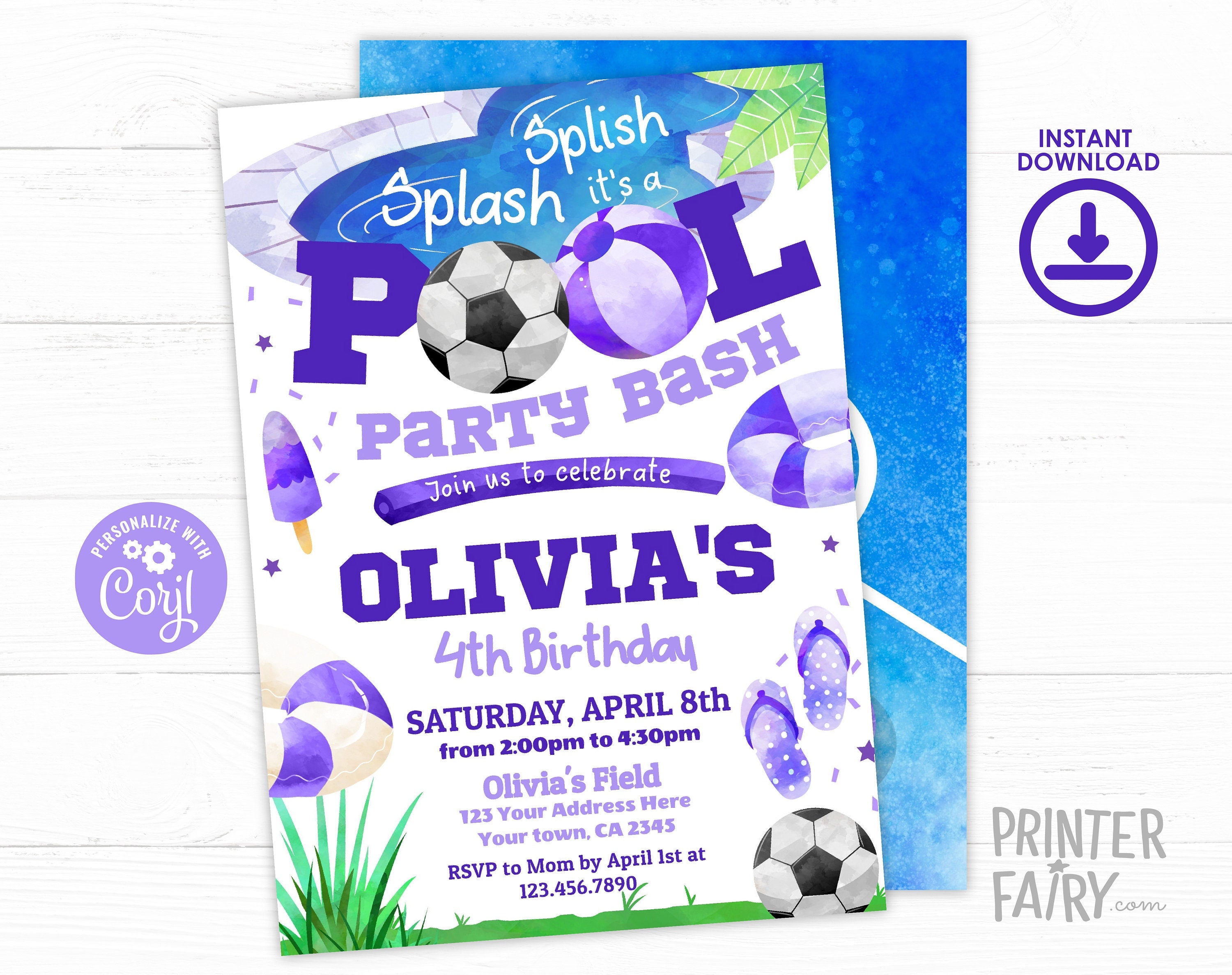Soccer Pool Birthday Invitation, Editable Summer Party (Digital Download)